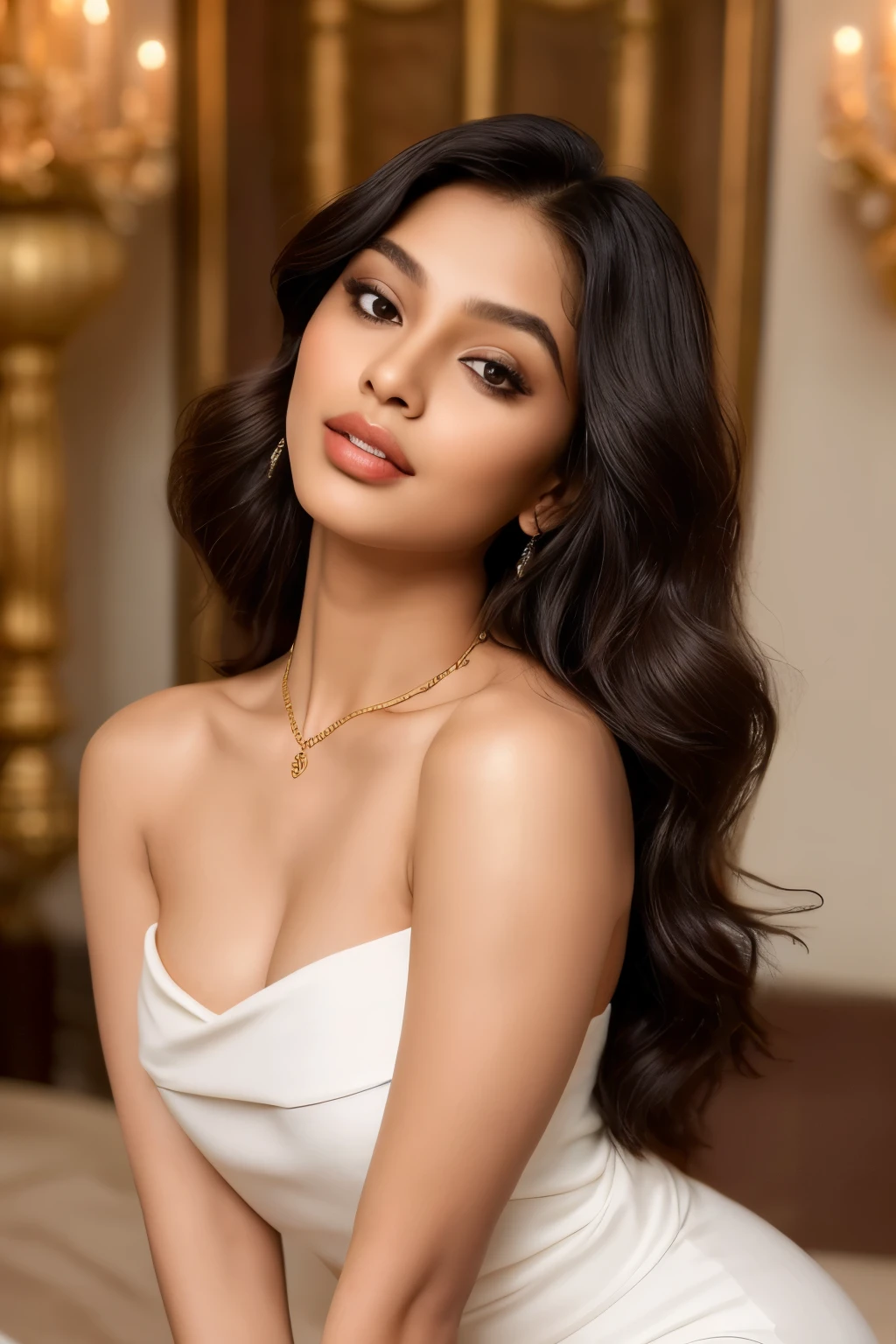 In a meticulously arranged chic photoshoot room, the Bangladeshi girl's irresistible allure is brought to life in a captivating close-up shot. Her black, wavy hair falls in rich, luxurious waves around her face, accentuating her striking features. With voluminous 38-inch round shaped bobs framing her face, she exudes confidence and seduction. Adorned in an elegant portrait neck top that adds to her elegant neckline, she pairs it with sleek, form-fitting skinny jeans, creating an image of timeless refinement. Every pose she assumes oozes poise and grace, capturing the very essence of sophistic