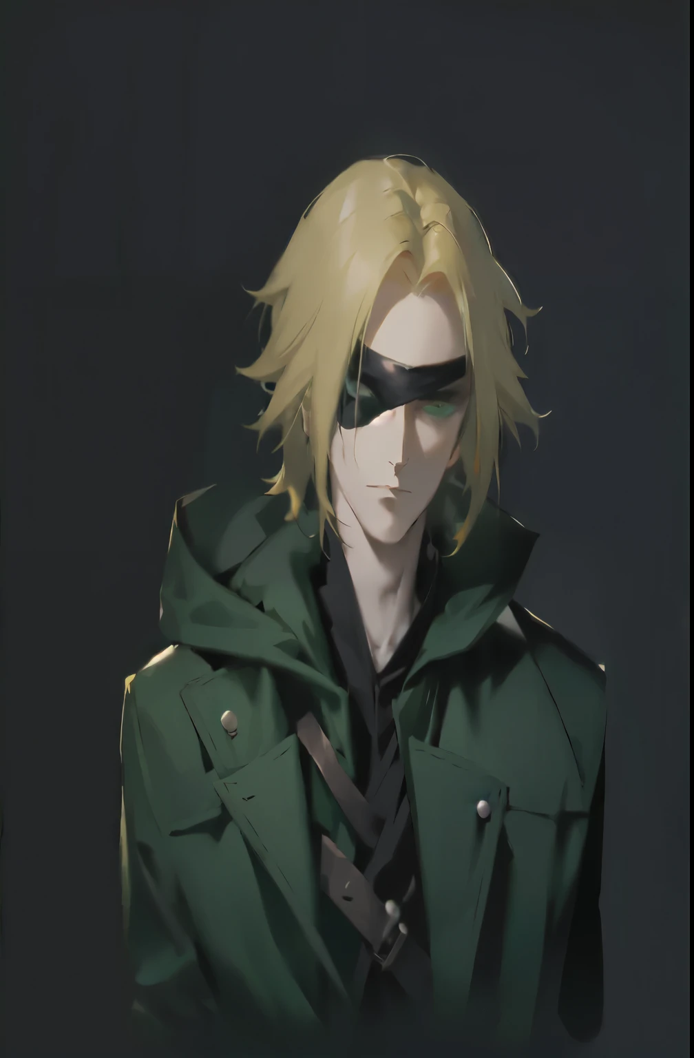 personagem de anime com casaco verde e gravata preta, made with anime painter studio, dio brando, retrato do matador de ninja, ele usa um tapa-olho, painted in anime painter studio, johan liebert misturado com alucard, arte principal do anime, gama murata e artgerm, handsome guy in demon slayer art, acionar estilo de arte de anime, amazing portrait of viego