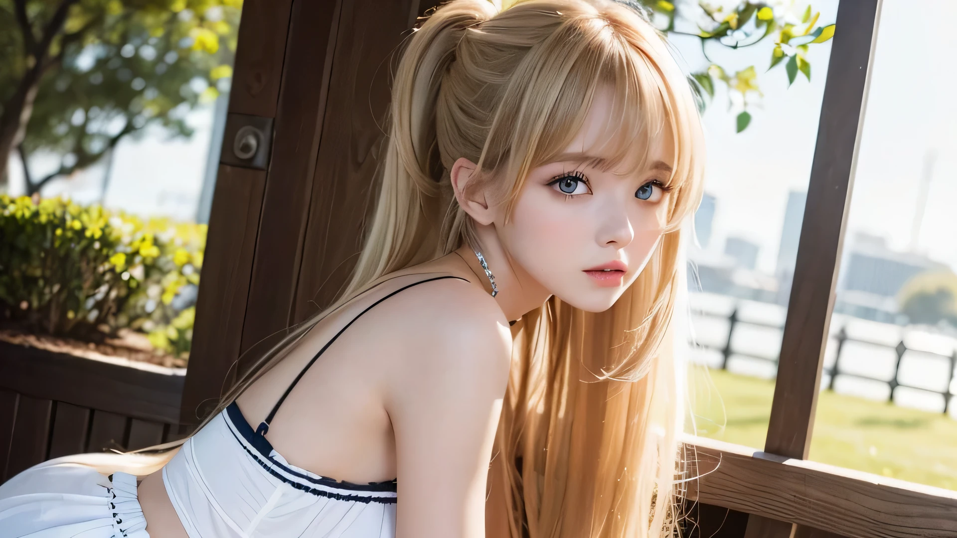 outdoor、swaying bangs、ultimate beautiful girl、bangs care、ponytail、hair care、very beautiful 18 year old cute girl、white and young beautiful skin、Sexy and very beautiful beauty、Very cute face and ultimate beauty、Super long bright natural blonde hair、smooth straight hair、big clear blue eyes、 ,perfect body,(Lie:1.3)