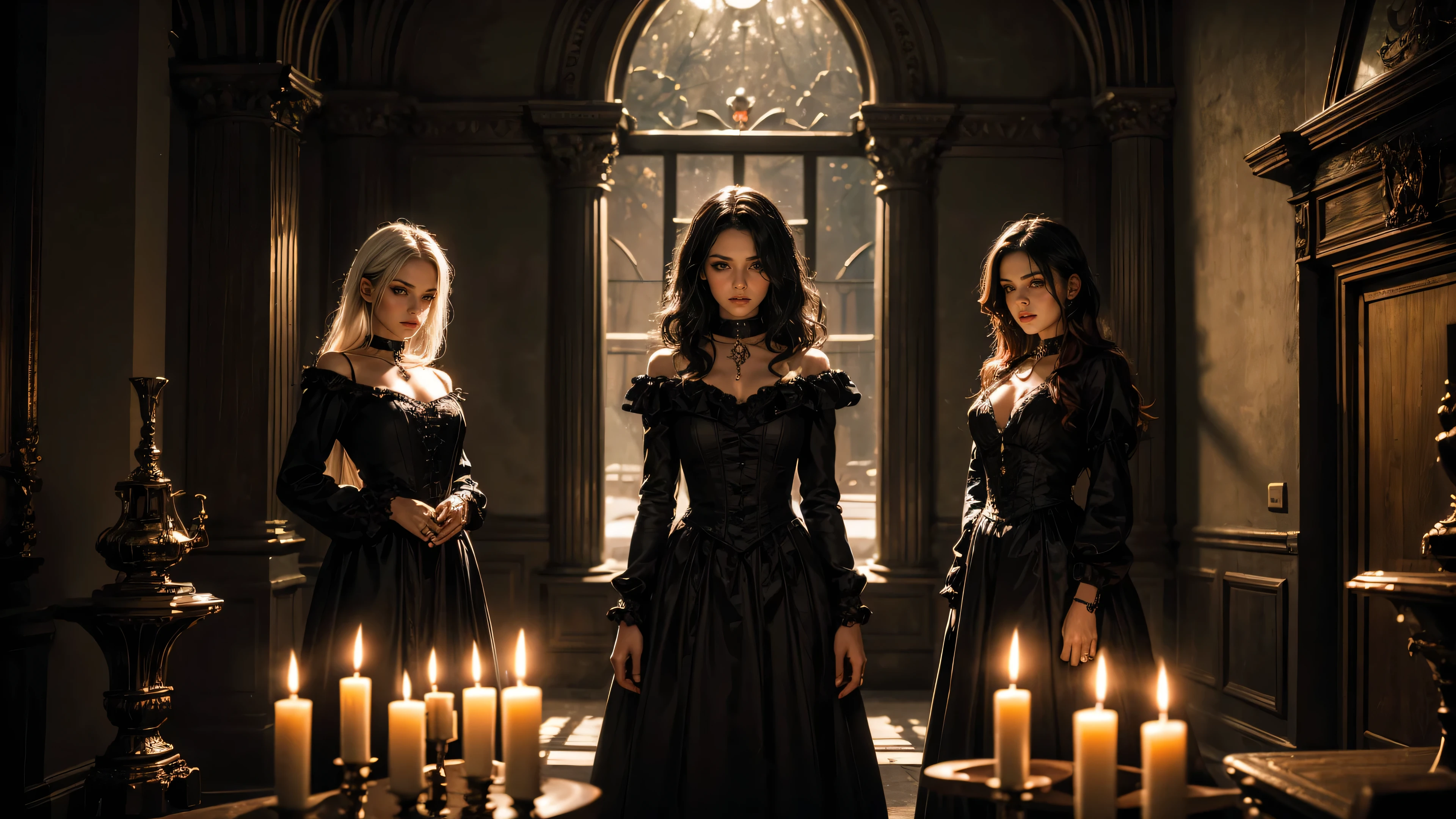 Three beautiful 21 year old goth girls, three witches, long black dresses, small breasts, red hair, black hair, white hair, choker collar, bracelets, cowboy shot, gothic decor, Victorian mansion, candles, gloomy, dungeon, dramatic lighting, cinematic lighting, Rembrandt lighting