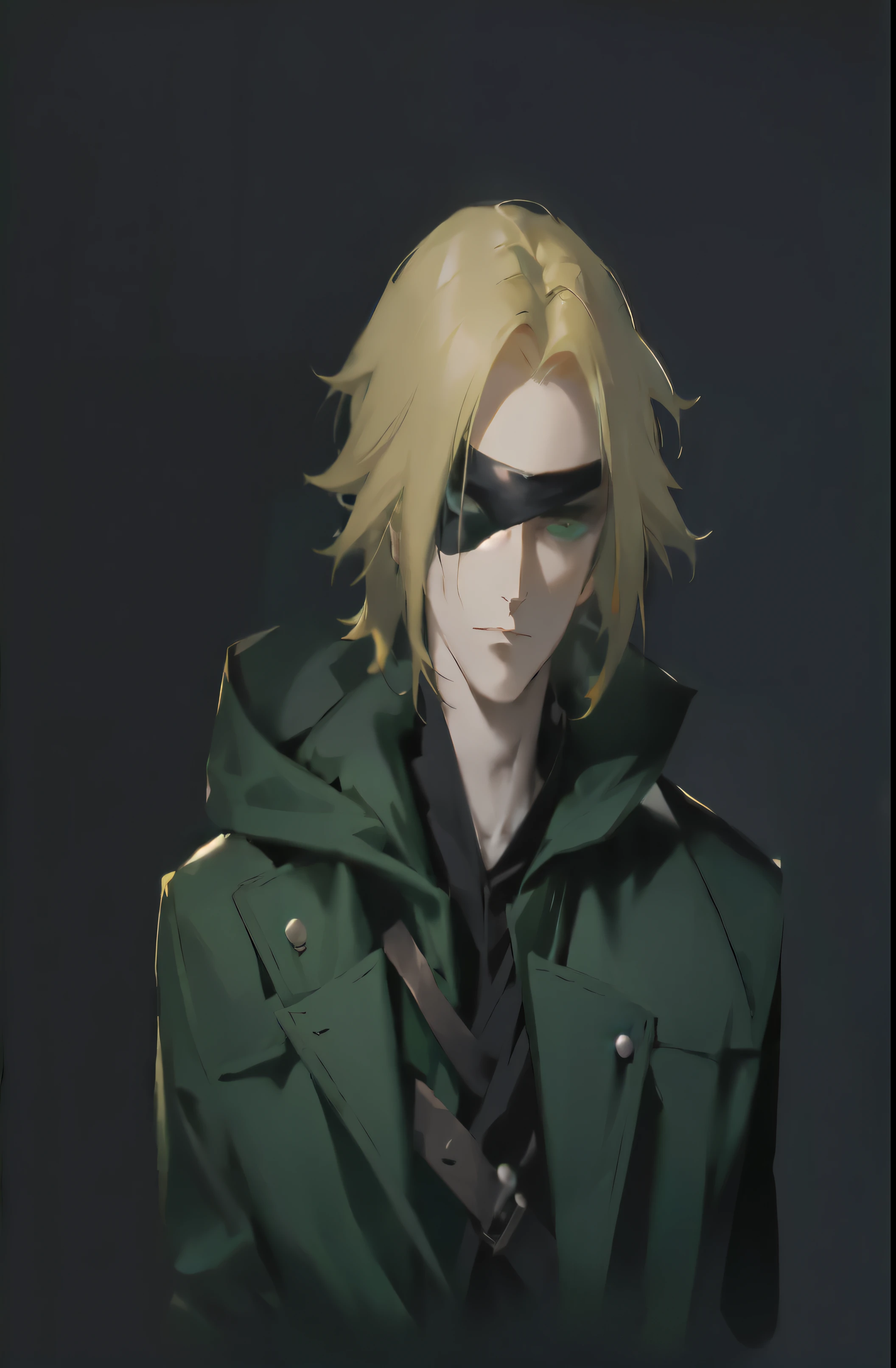 personagem de anime com casaco verde e gravata preta, made with anime painter studio, dio brando, retrato do matador de ninja, ele usa um tapa-olho, painted in anime painter studio, johan liebert misturado com alucard, arte principal do anime, gama murata e artgerm, handsome guy in demon slayer art, acionar estilo de arte de anime, amazing portrait of viego