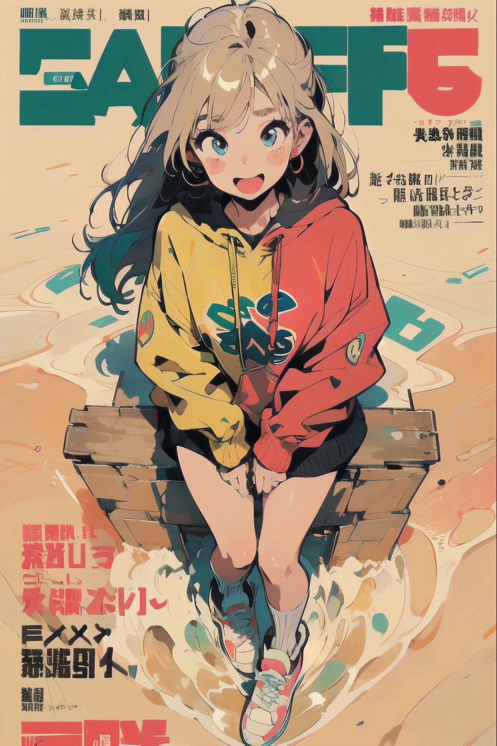 Beautiful Girls in Anime, ,clean small surfaces, (magazine cover:1.4), ((From above:1.3))、((relax and sink into the water)), (dynamic pose:1.3), (lots of stickers on clothes:1.5), 1 cute girl, highest quality、ウルトラ - High resolution、High resolution、Detailed CG、8k unit wallpaper、17 years old、fine and beautiful eyes, long hair、(((Different kinds of colorful super shiny sweatshirt hoodies)))、(((After sunburn)))、VTuber Full Body Model、(shiny body,:1.5)、((Mr.々street fashion、Oversized sweatshirt、socks、tech sneakers))、blush, Sweat, please be shy、(Ahegao:1.5)