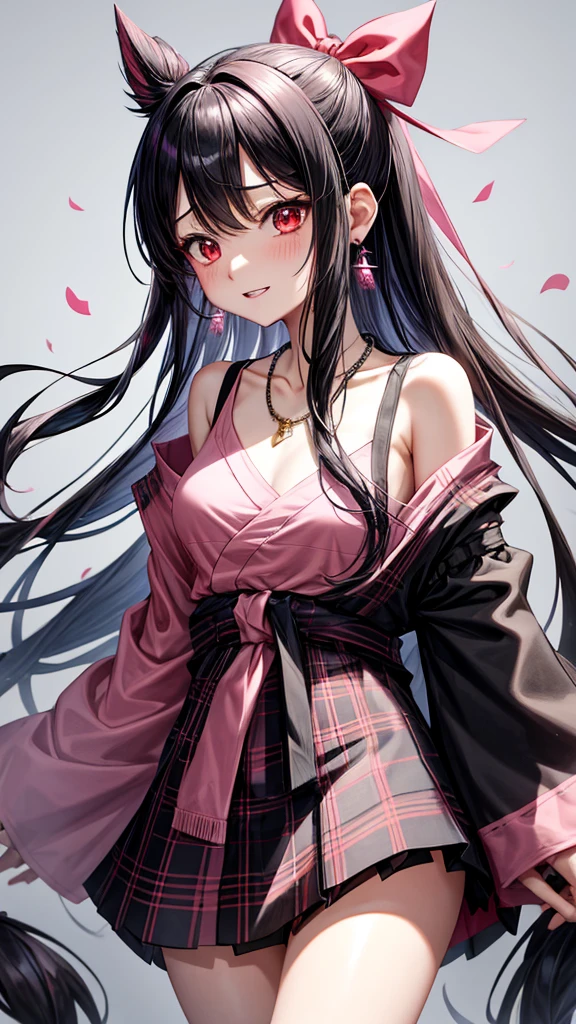 Pink-black hair、red eyes、one good looking girl、solo、anime、plaid mini skirt、black camisole、black t-shirt、kimono、wearing a ribbon、ribbon at waist、stone slabs are piled up、crystal earrings、jewelry necklace、Light and shadow、tilting one's face、teeth are visible、、Fireflies are flying、geta、crystal cave
