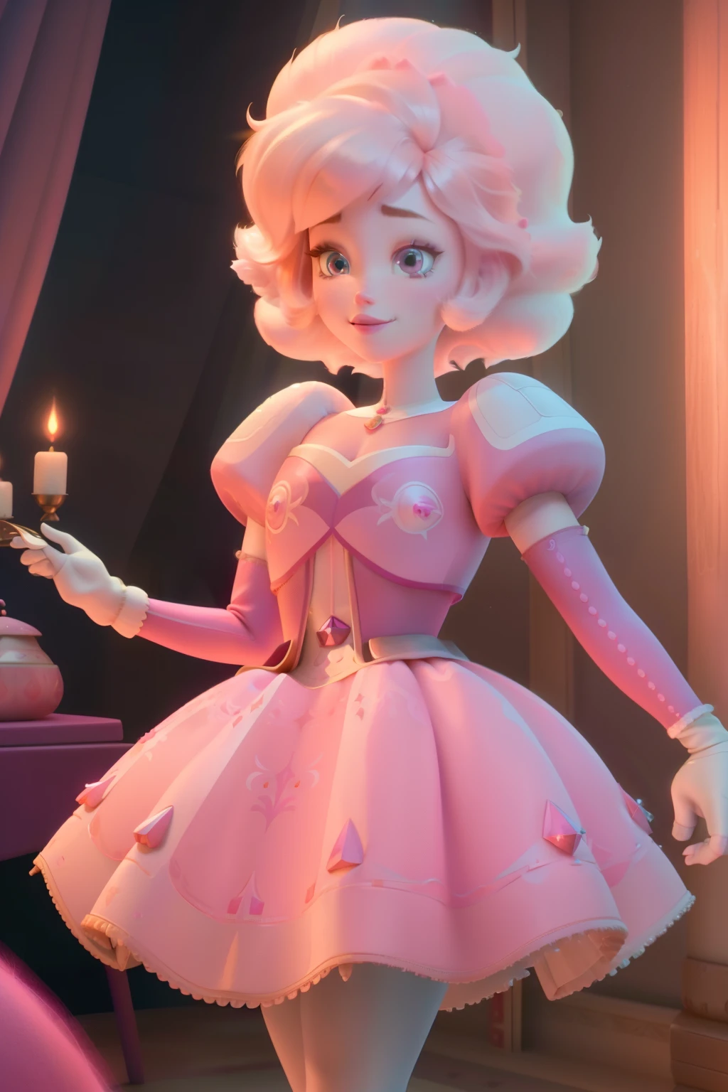 pnkdamond, pink hair, pink eyes, big hair, stomach gem, pink skin, toned,
puffy short sleeves, elbow gloves , white thighhighs, puffy dress,
standing, upper body,
outerspace,
(insanely detailed, beautiful detailed face,beautiful detailed eyes, masterpiece, best quality) cinematic lighting, smile,
