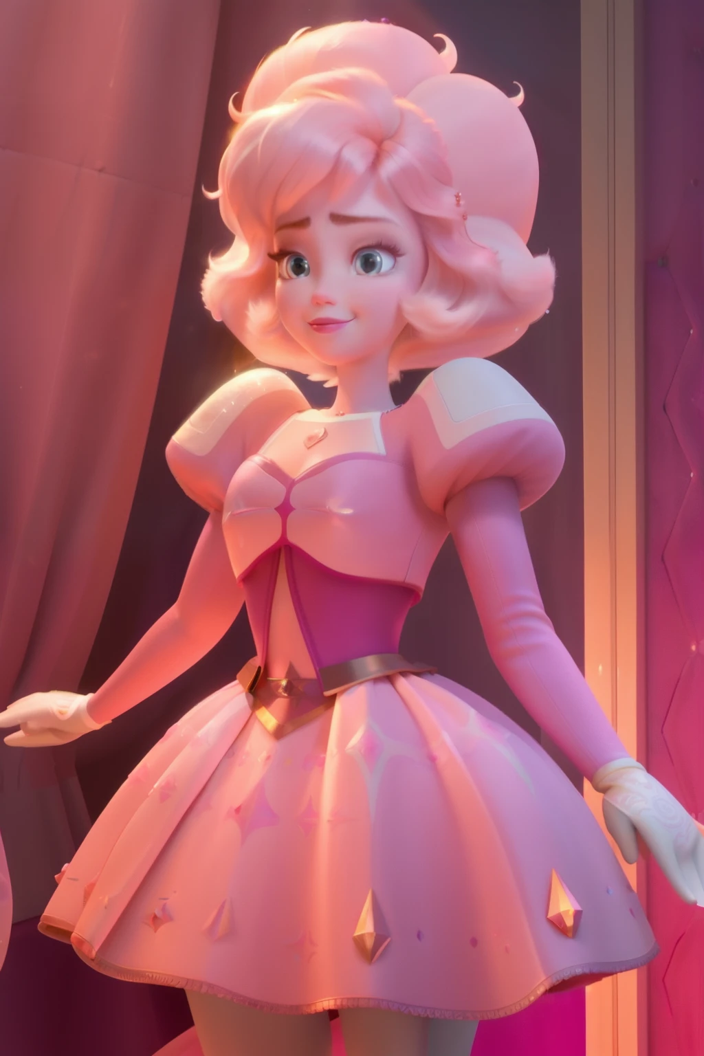 pnkdamond, pink hair, pink eyes,  big hair,  stomach gem,  pink skin,  toned, 
puffy short sleeves, elbow gloves ,  white thighhighs,   puffy dress, 
standing, upper body, 
 outerspace,  
(insanely detailed, beautiful detailed face,beautiful detailed eyes, masterpiece, best quality) cinematic lighting,  smile, 
 