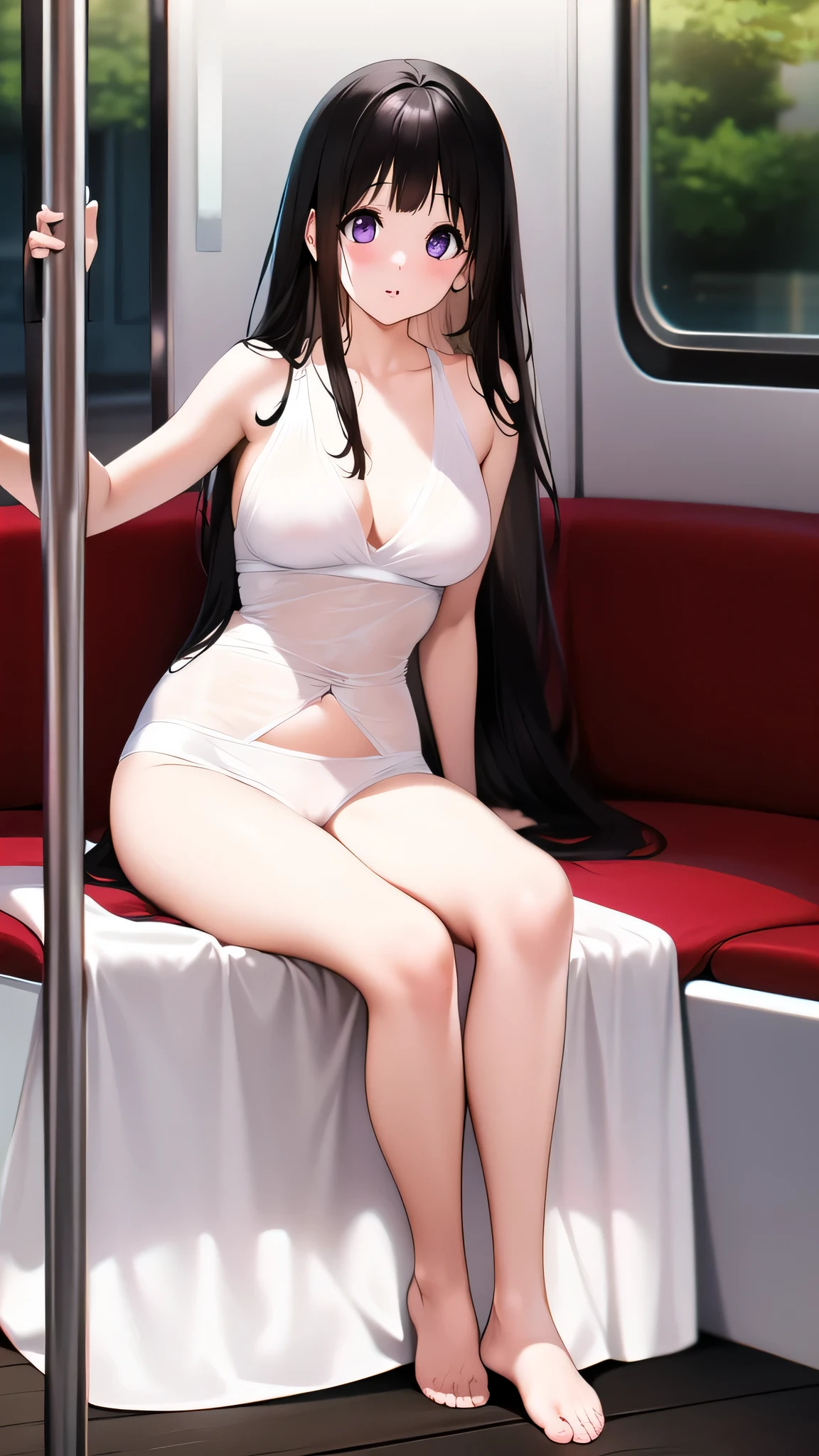 The stunning Chitanda Eru, There is only one beautiful girl,purple eyes,black hair, Naturally straight hair, straight bangs, extremely refined,adult face,lips open,flowing long hair,Peerless beautiful girl, dreamlike,Slim,soft, (Sensual), (kawaii), dream quality,White transparent pajamas,On the tram,camel toe,No underwear,no pants,side breasts,showing areola,Bare thighs,bare shoulders,Clavicle exposed,bare neck,groin,barefoot,bare breasts,ultra high resolution, (masterpiece:1.2, best quality), (Exquisite and beautiful eyes: 1.2), (Beautiful and delicate face)