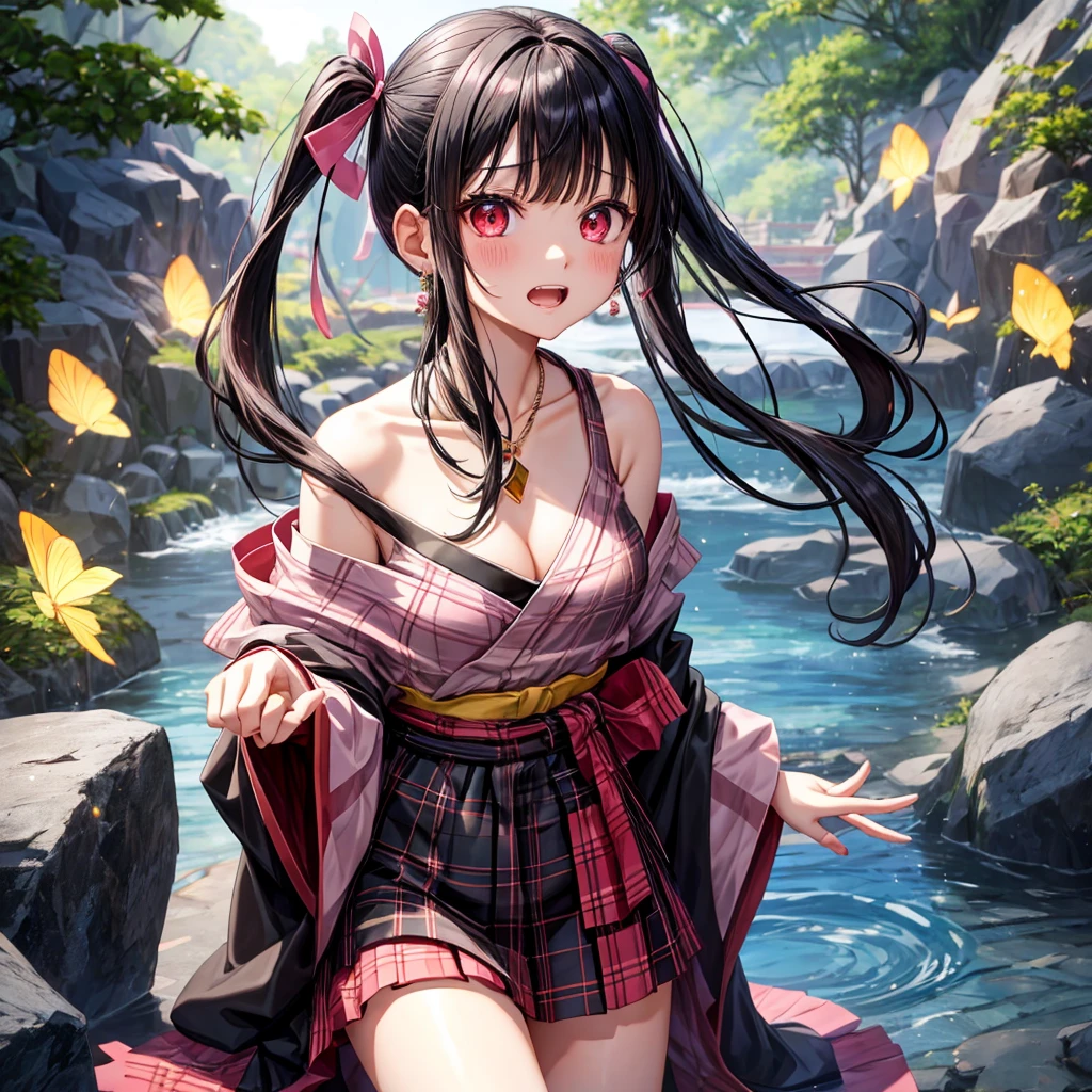 Pink-black hair、red eyes、one good looking girl、solo、anime、plaid mini skirt、black camisole、black t-shirt、kimono、wearing a ribbon、ribbon at waist、stone slabs are piled up、crystal earrings、jewelry necklace、Light and shadow、tilting one&#39;s face、teeth are visible、、Fireflies are flying、geta、crystal cave