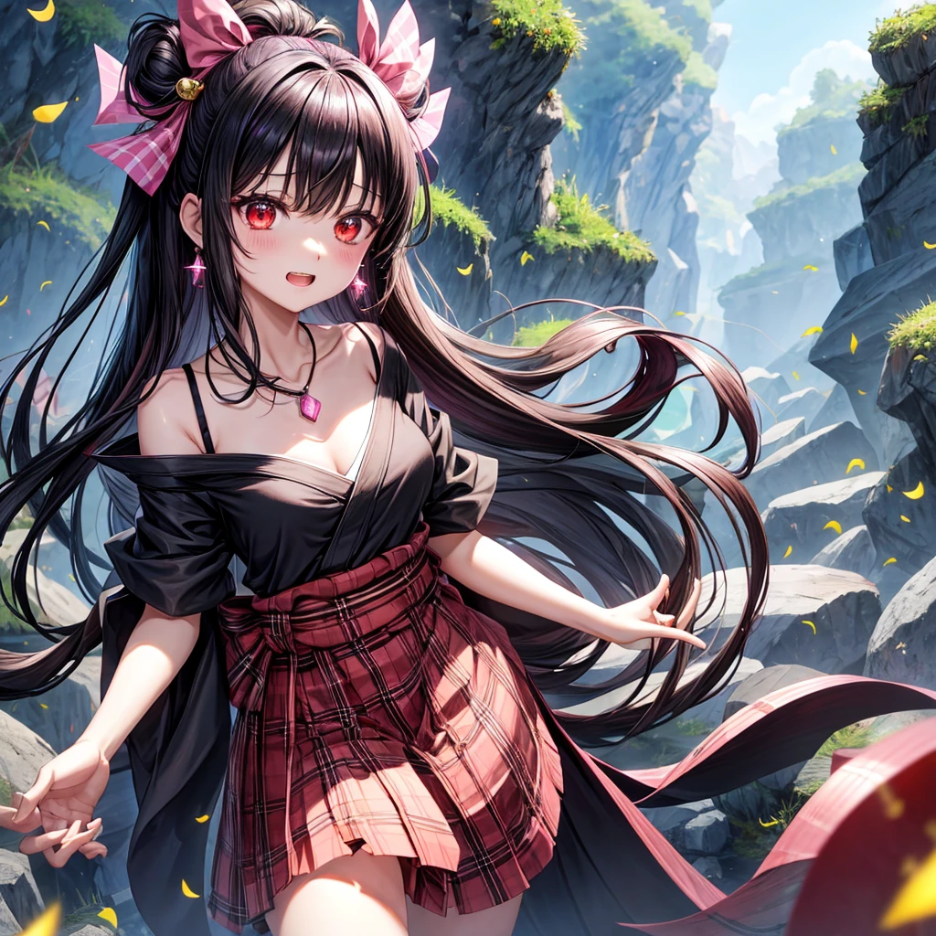 Pink-black hair、red eyes、one good looking girl、solo、anime、plaid mini skirt、black camisole、black t-shirt、kimono、wearing a ribbon、ribbon at waist、stone slabs are piled up、crystal earrings、jewelry necklace、Light and shadow、tilting one's face、teeth are visible、、Fireflies are flying、geta、crystal cave