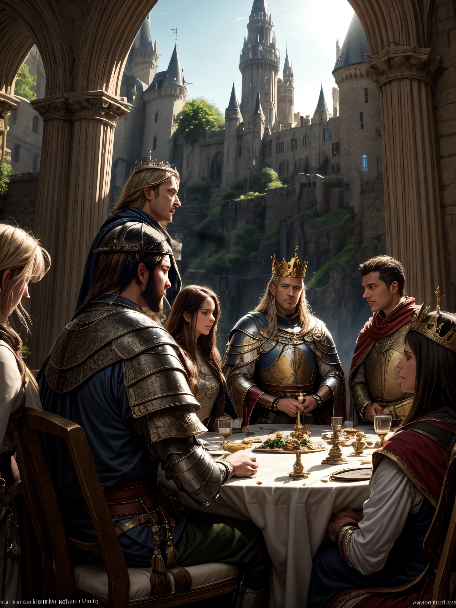 In the grand spectacle, Royal Knights (weight: 0.25) of the Round Table (weight: 0.25) converge at the majestic Camelot (weight: 0.25) in the presence of their noble King (weight: 0.25).The atmosphere is one of grandeur and honor (weight: 0.2), with the sprawling Camelot castle bathed in the soft golden light of dawn, casting long, regal shadows (weight: 0.2).The knights, bedecked in shining armor adorned with intricate engravings (weight: 0.2), bear the insignias of their individual prowess and loyalty (weight: 0.2). The armor gleams with a metallic sheen, reflecting the morning sun's rays (weight: 0.2).Their noble steeds, equally resplendent in richly adorned bridles and caparisons (weight: 0.2), stand at attention (weight: 0.2).King Arthur, seated at the head of the round table (weight: 0.2), is depicted with an air of wisdom and authority (weight: 0.2). His crown, adorned with precious jewels (weight: 0.2), symbolizes his sovereignty, while his kingly robe flows regally around him (weight: 0.2).The knights gather around him in a circular formation (weight: 0.2), their expressions a mix of reverence and camaraderie (weight: 0.2).The Camelot castle itself is a masterpiece of medieval architecture (weight: 0.2), with towering turrets, sturdy stone walls, and banners bearing the crest of the round table billowing in the breeze (weight: 0.2).The lush countryside surrounding the castle adds to the scene's beauty (weight: 0.2), with rolling green hills and a tranquil moat reflecting the castle's majesty (weight: 0.2).The atmosphere is charged with a sense of unity and purpose (weight: 0.2) as the knights prepare to embark on a noble quest or engage in discussions of great import (weight: 0.2). The air carries the scent of freshly bloomed flowers (weight: 0.2), enhancing the idyllic setting (weight: 0.2).Style-wise, this artwork blends historical accuracy with a touch of fantasy (weight: 0.2), capturing both the grandeur of Arthurian legend (weight: 0.2) and enchantment