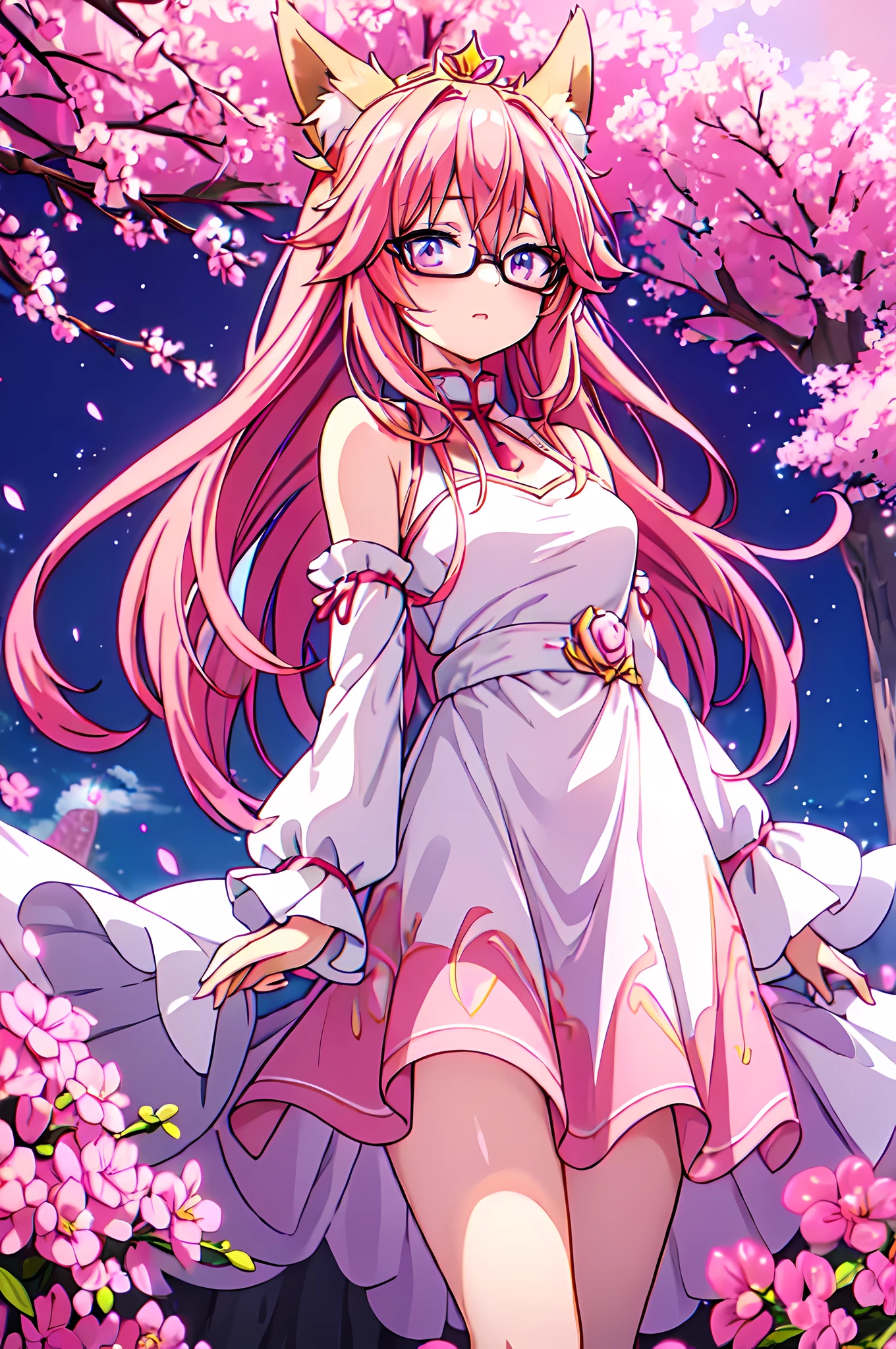 (highres:1.2),ultra-detailed,realistic,pink hair,pink eyes,pink dress,one girl,cute glasses,foxgirl,fox tail,fox ears,hair over one eye,hair ornament,princess tiara,tall