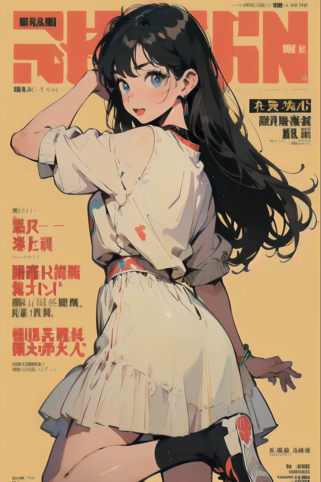 Beautiful Girls in Anime, ,clean small surfaces, (magazine cover:1.4), ((From the back:1.3))、((yoga poses)), (dynamic pose:1.3), (lots of stickers on clothes:1.5), 1 cute girl, highest quality、ウルトラ - High resolution、High resolution、Detailed CG、8k unit wallpaper、17 years old、fine and beautiful eyes, long hair、(((Different kinds of colorful super shiny dresses)))、(((After sunburn)))、VTuber Full Body Model、(shiny body,:1.5)、((Mr.々street fashion、Oversized sweatshirt、socks、tech sneakers))、blush, Sweat, please be shy、(Ahegao:1.5)
