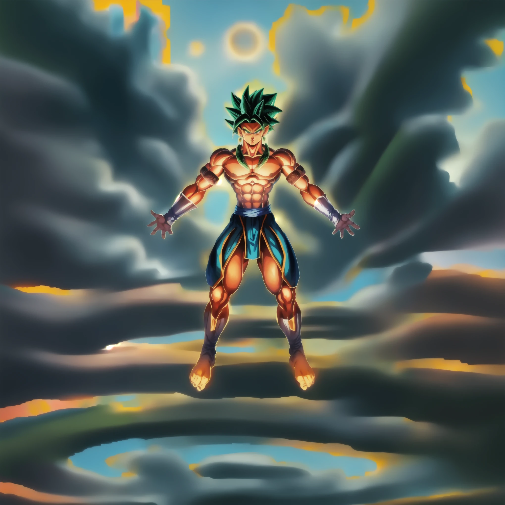 broly, 1 menino, boca fechada, foco masculino, muscular, macho musculoso, pedra, faixa, serious, Sozinho, cabelo espetado, homem de topless, roupas rasgadas, legendary super saiyan, olhos verdes, cabelo verde, ((obra de arte))