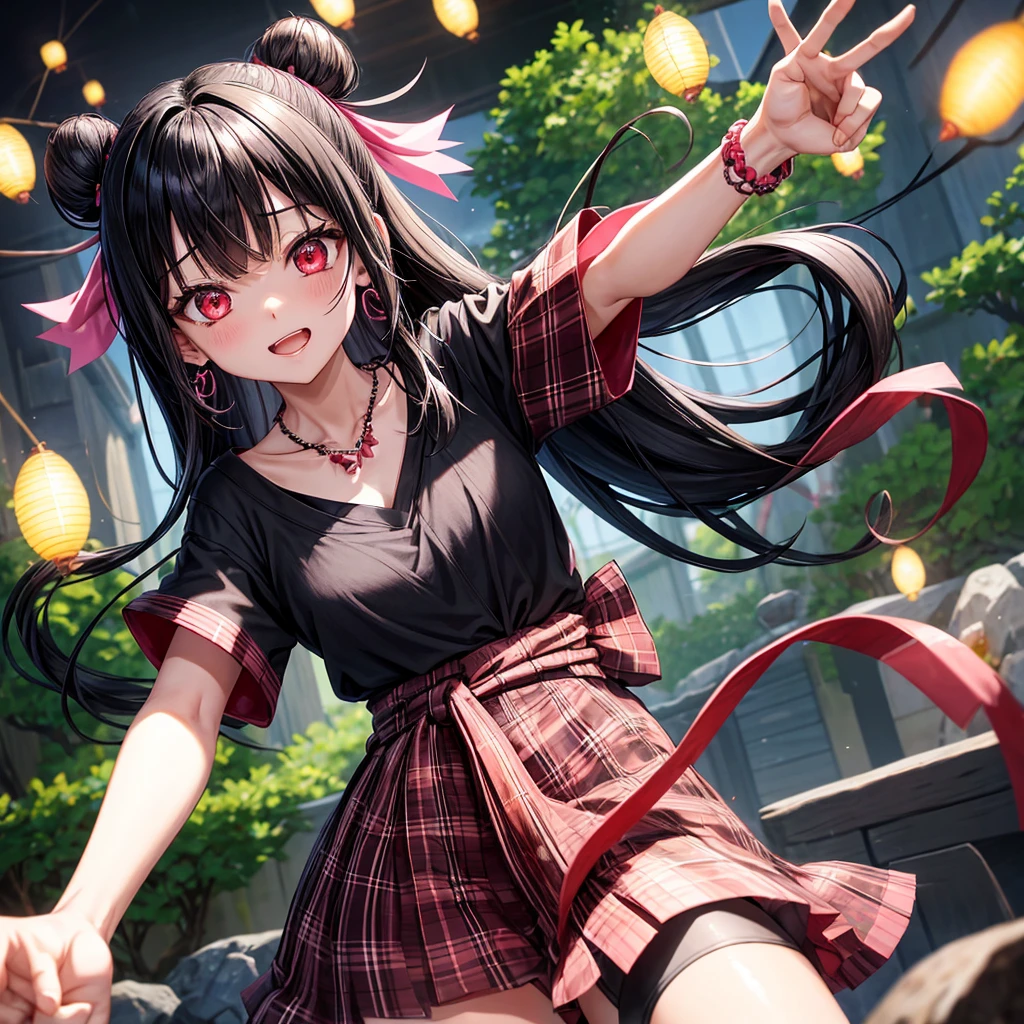 Pink-black hair、red eyes、one good looking girl、solo、anime、plaid mini skirt、black camisole、black t-shirt、kimono、wearing a ribbon、ribbon at waist、crystal earrings、jewelry necklace、Light and shadow、tilting one&#39;s face、teeth are visible、、Fireflies are flying、geta、crystal cave