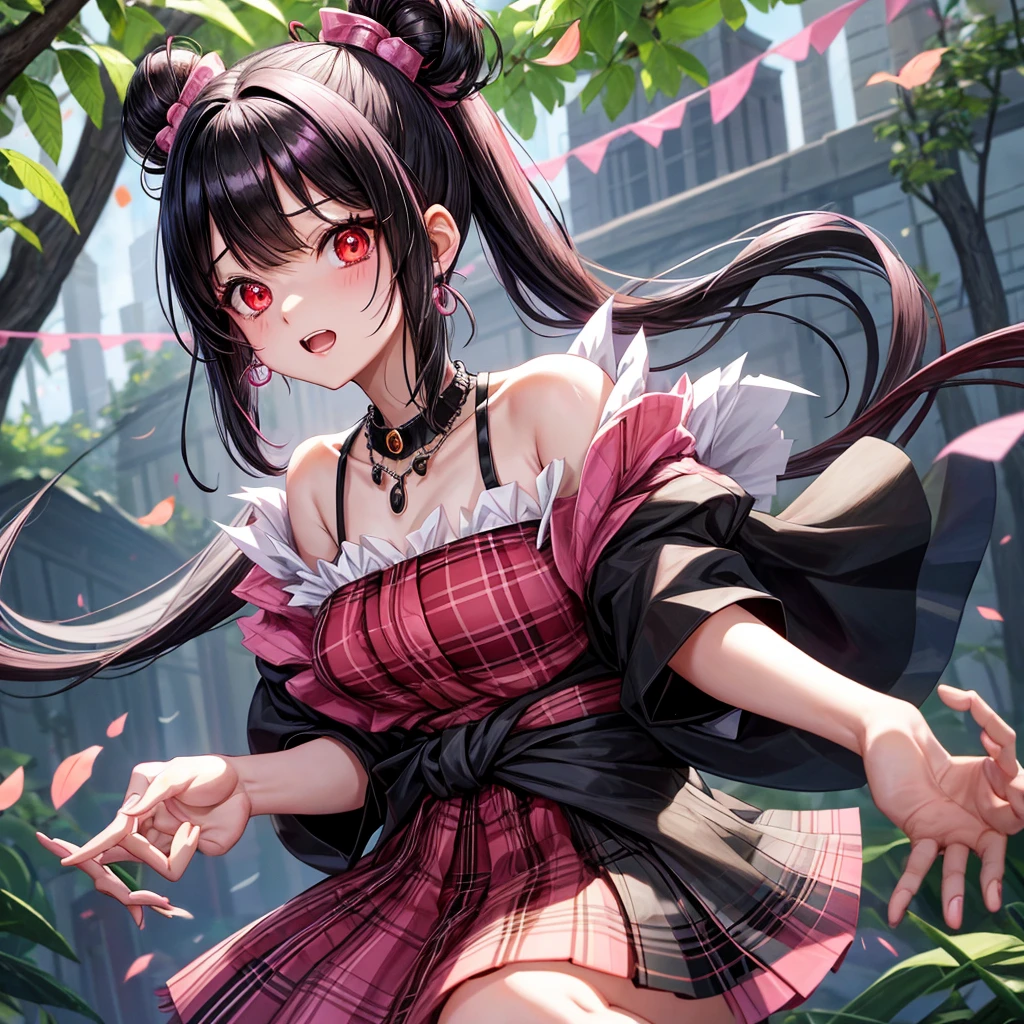 Pink-black hair、red eyes、one good looking girl、solo、anime、plaid mini skirt、black camisole、black t-shirt、kimono、wearing a ribbon、ribbon at waist、crystal earrings、jewelry necklace、Light and shadow、tilting one's face、teeth are visible、、Fireflies are flying、geta、crystal cave