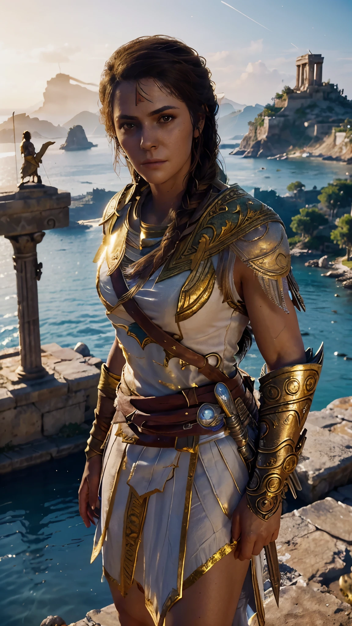 (best quality,ultra-detailed,realistic),portrait,((Kassandra Assassin's Creed)),beautiful,confident,strong,warrior,goddess,breathtaking,ethnicity:Greek,flowing hair,bronze skin,ornate armor,ancient Greek-inspired dress,standing on a cliff overlooking the sea,delicate jewelry,sparkling golden accessories,holding a powerful weapon(sentinel blade),intense lighting, dramatic shadows,color palette: vibrant blues and golds,hint of sunset in the background,environment:ancient ruins and pillars in the distance,awestruck admirers gazing up at her,heroic pose,subtle wind blowing,subtle mist around her feet, majestic aura,as if she's ready to defend the entire world.