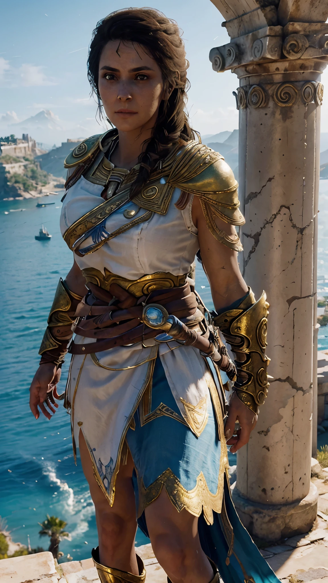 (best quality,ultra-detailed,realistic),portrait,((Kassandra Assassin's Creed)),beautiful,confident,strong,warrior,goddess,breathtaking,ethnicity:Greek,flowing hair,bronze skin,ornate armor,ancient Greek-inspired dress,standing on a cliff overlooking the sea,delicate jewelry,sparkling golden accessories,holding a powerful weapon(sentinel blade),intense lighting, dramatic shadows,color palette: vibrant blues and golds,hint of sunset in the background,environment:ancient ruins and pillars in the distance,awestruck admirers gazing up at her,heroic pose,subtle wind blowing,subtle mist around her feet, majestic aura,as if she's ready to defend the entire world.