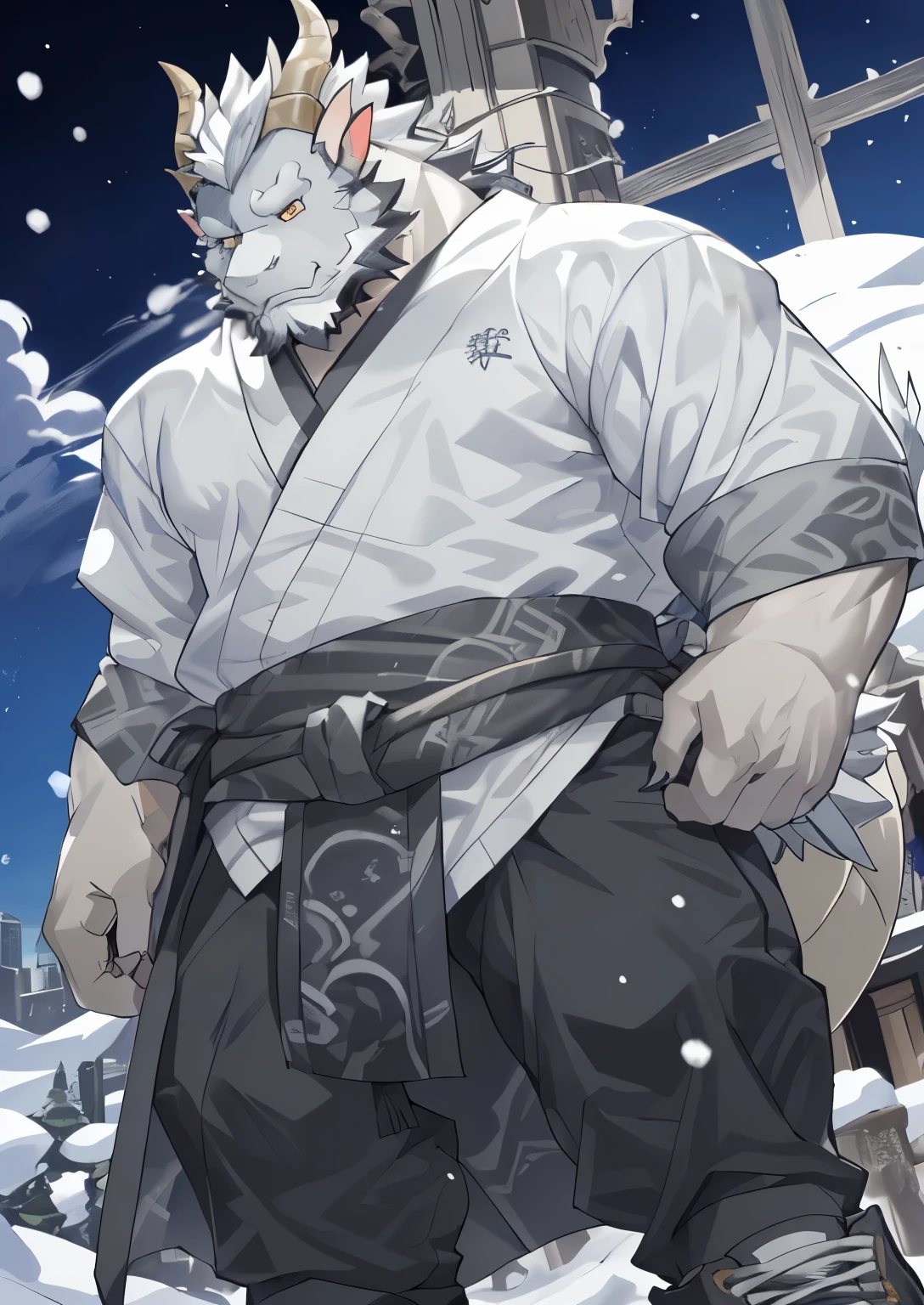 (black skin oriental dragon),(Black and white yin yang general naked kimono),Holding a long sword,strong posture,stand calmly,(The background is a city covered in ice and snow:1.2),abdominal ,heroic posture飒爽,perfect masterpiece,Various facial details,distance perspective,specific description,masterpiece,CG,(golden eyes),black and white pattern,dark purple tail,General,heroic posture,dragon,black and white fur,Specific facial details,Half body,(Black and white yin and yang general combat shoes),(Chang Ling),((middle aged)),(Face focus),(16K),HD,black and white belly,temple,beard,(Face line),different students,(Black and white yin and yang naked kimono),(black and white hair),Strong,muscle,(High resolution:1.3),(Standing in front of a city covered in ice and snow),(close up),(Detailed face:1.5),Perfect details,(Half body),(Detailed depiction of face:1.5),(Zoom in on face:1.5),(白色Face line:1.2),(black beard:1.3),(white face;1.6),white body