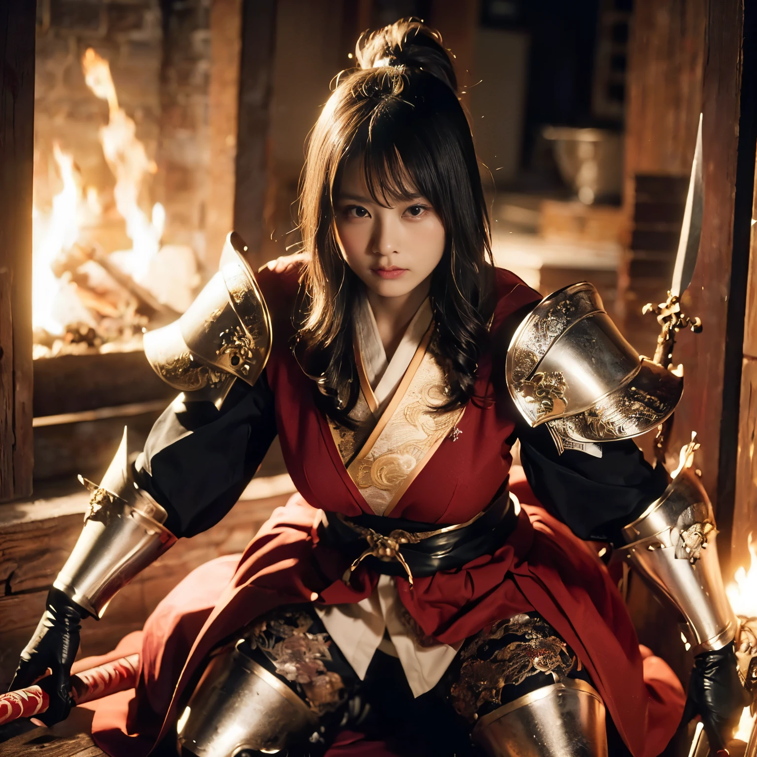 (((Realistic, masterpiece, best quality, crisp detail, high definition, high detail, rich detail, sharp focus, colorful, perfect studio lightning))), ((20 years old goddess, kasumi arimura)),(((in the middle of war, epic war scene, severely wounded, slashed, stabbed by swords, pierced by arrows, attack stance))), wearing (((beautiful ornamented golden heavy armor, decorated full body armor, fully armored beautiful kimono, holding katana, blood scattered face, blood tears, blood bath, blood shed))), (((fire everywhere, blood everywhere, death everywhere, japan bakumatsu period, dead bodies,carcass,burned japanese castle,hellish,chaos)) traditional village background)