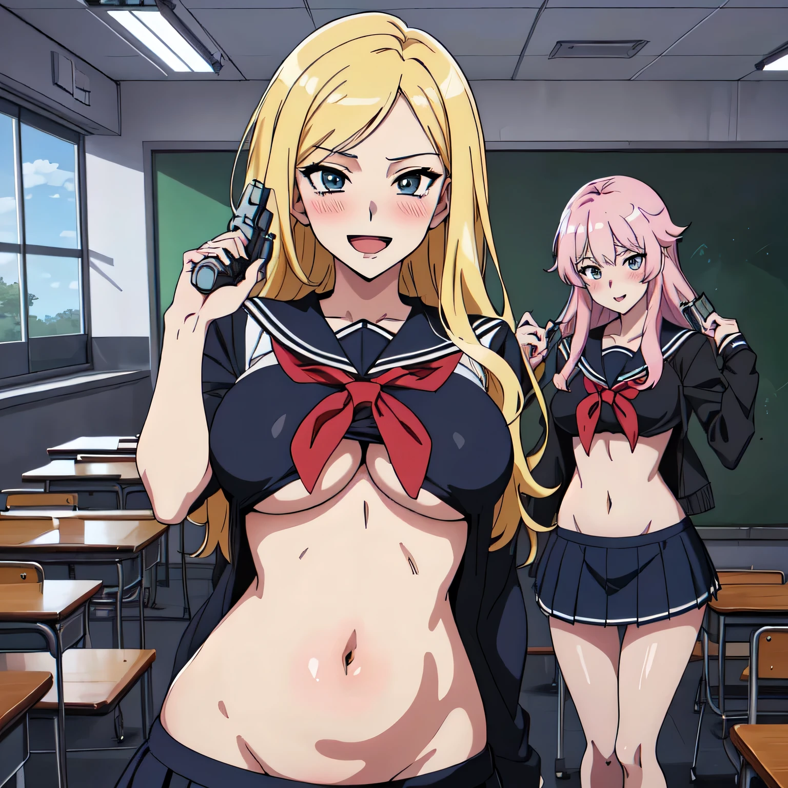 2girl, two girls, (shoujo-style), ((detailed hair, detailed eyelashes, banganhwa-scenery,  blush, large breasts, long hair, , ((perfect face)), (Mature Face:1.4), (beautiful face:1.15), detailed eyeasterpiece), (highest quality), best quality, highres, 8K, extremely detailed, Digital Art, (Hyper-Detailed Background:1.2), (realistic background),  (intricate details), award-winning, hyper-detailed, (illustration:1.1), 
(cinematic lighting), soft lighting, masterpiece, best quality, highly detailed, a anime girls in sailor uniforms with a gun posing for a picture,
evil smile, smile, open mouth,black_serafuku, ecchi anime style, anime girls , (nsfw) not safe for work,
ecchi style, ecchi, shipgirls, digital anime art!!, high school girls, in anime style, official artwork, beautiful
anime high school girl, anime style 4 k, micro skirt, exposed belly, exposed navel, exposed midriff,
exposed lower belly,school, classroom, 