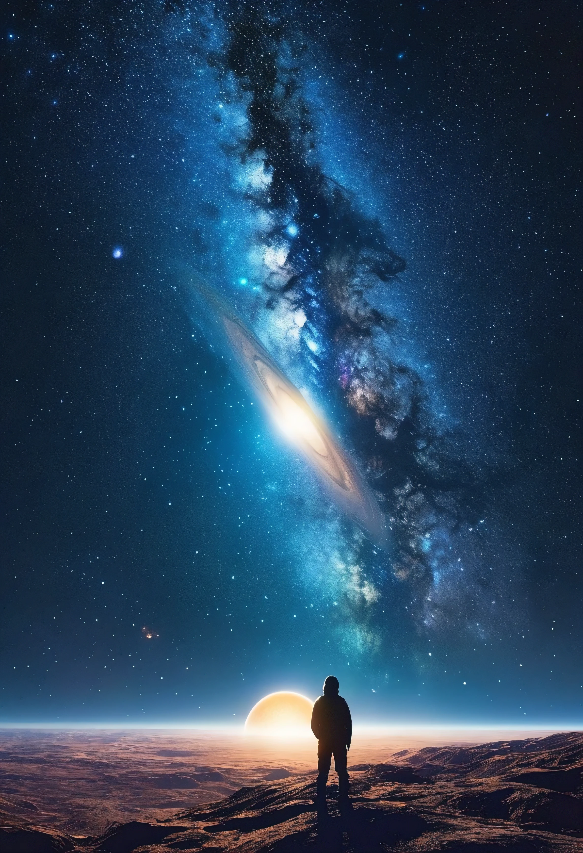 Create an otherworldly and awe-inspiring scene set in a distant corner of the universe. Show a vast expanse of space stretching endlessly into the distance, punctuated by distant stars, nebulae, and galaxies swirling in cosmic dance. Include celestial bodies of varying sizes and shapes, each emitting its own unique glow and energy. Depict surreal landscapes and fantastical structures floating amidst the void, defying the laws of physics and imagination. Capture the sense of wonder and exploration as spacecraft glide gracefully through the cosmic tapestry, their sleek forms blending seamlessly with the ethereal backdrop. Ensure that the scene evokes a sense of mystery, grandeur, and infinite possibility, inviting viewers to contemplate the wonders of the cosmos and their place within it."