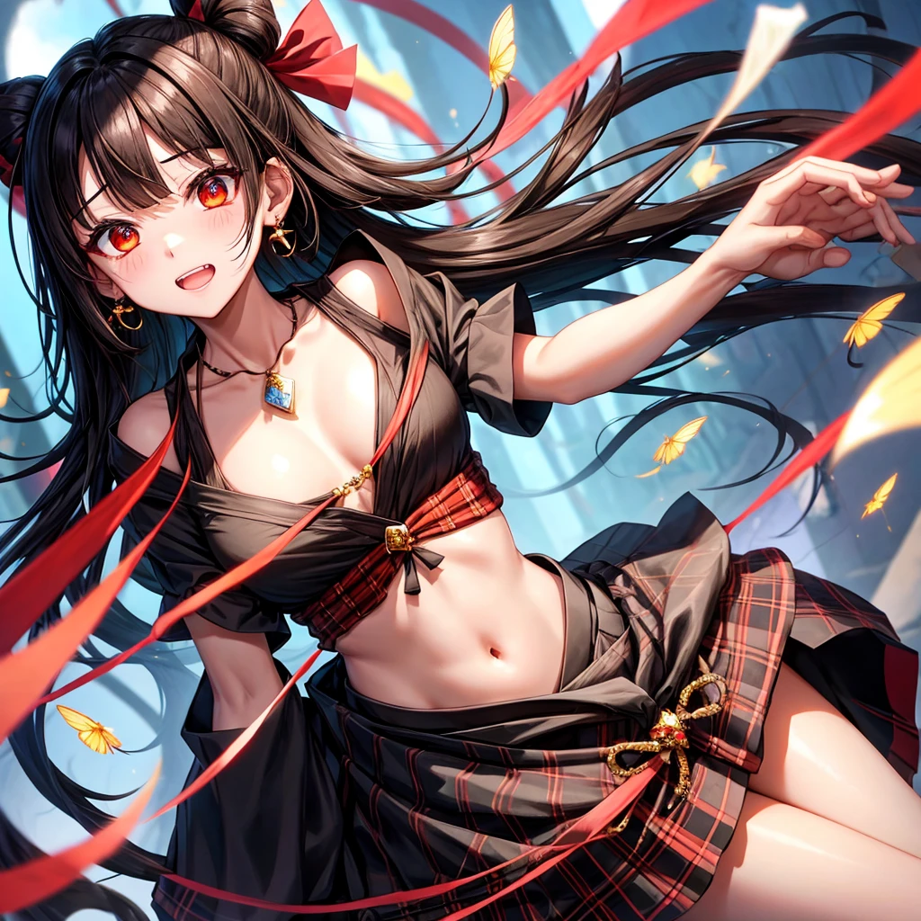 brown black hair、red eyes、one good looking girl、solo、anime、plaid mini skirt、black camisole、black t-shirt、kimono、wearing a ribbon、ribbon at waist、stone slabs are piled up、crystal earrings、jewelry necklace、Light and shadow、tilting one&#39;s face、teeth are visible、、Fireflies are flying、geta、covered in crystals