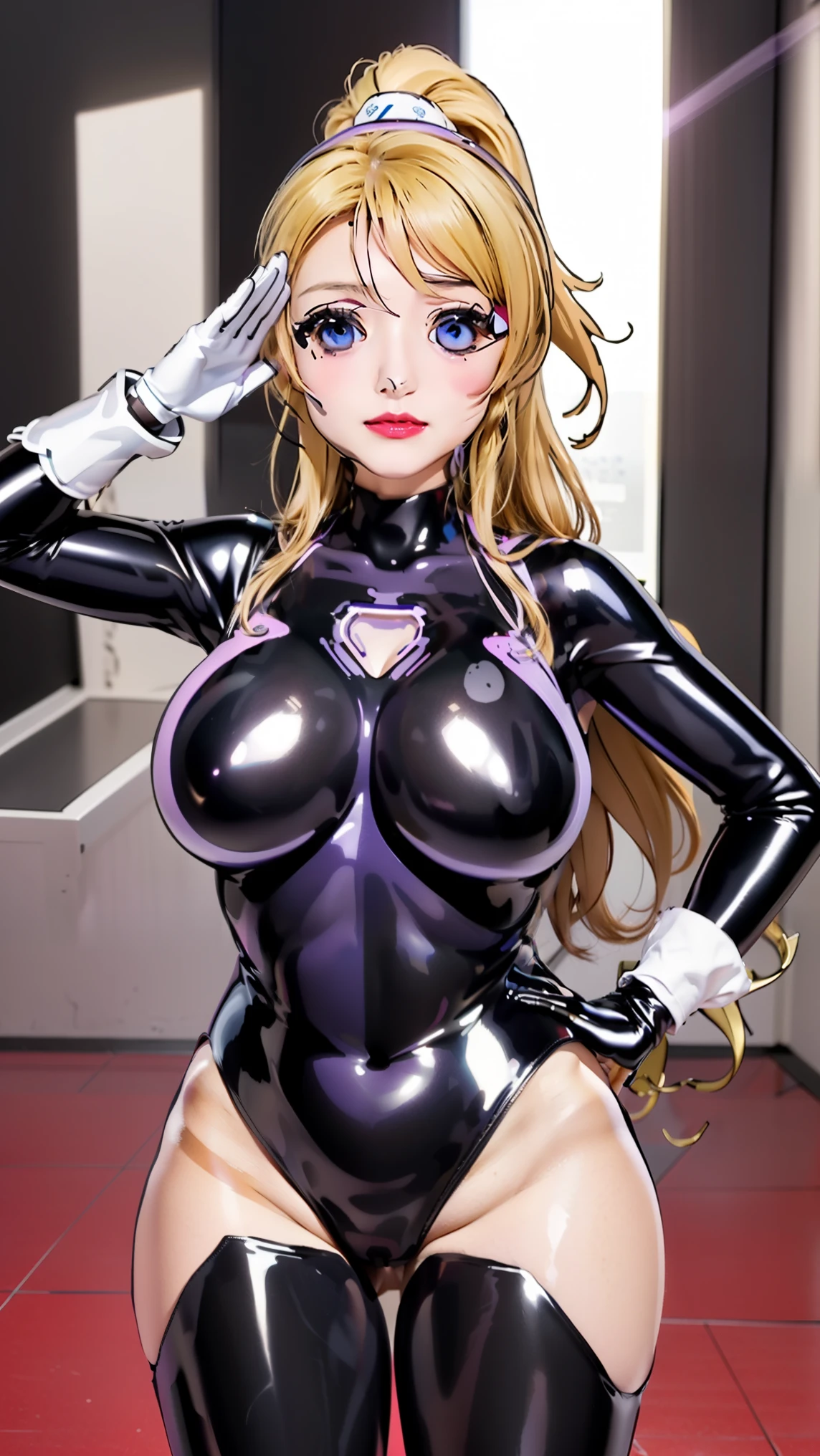 1 girl,NSFW,Eri Ayase, (lovelive), VR, clavicle, absurd, brainwashing,Combatant, empty eyes,((purple glowing eyes 1.5))( huge breasts ), No expression, emotions are removed,((black latex tight bodysuit)),avert your eyes , whole body shape, ((stand up, salute)),(highest quality、4k、8K、High resolution、must have:1.2)、Super detailed、(reality、that&#39;s reality的な、reality的な:1.37)、ticker、hyper hd、studio lighting、ultra definition paint、sharp focus、Physically based rendering、extreme details、Professional specifications、vibrancy and color、blurry、sports portrait、landscape、horror style、anime big breasts、SF、photograph、concept artist、five fingers, perfect body,  {{{masterpiece}}}, {{{highest quality}}}, {{Super detailed}}, {shape}, {{very delicate and beautiful}},Improved cost performance、all roles、Canon 5D MK4でphotograph、photograph, 