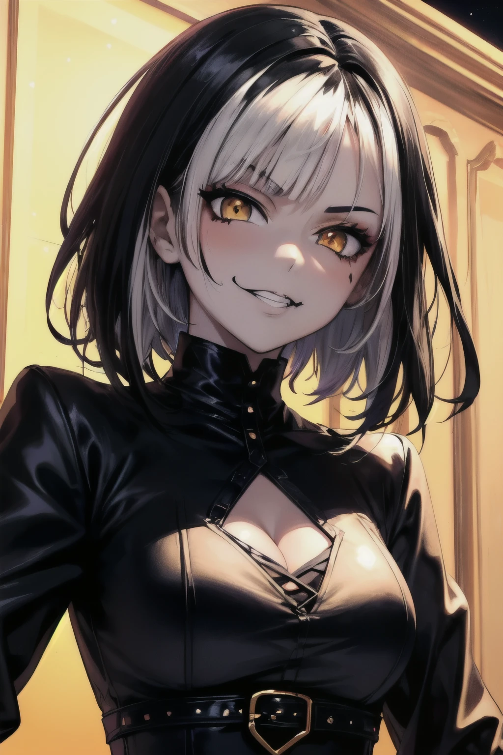 ((anime girl, goth, short hair, black hair with white highlights, golden eyes, smug face)), (gothic style black dress, black jacket, neckline, medium breasts), (at night, better lighting, better shade), gothic makeup