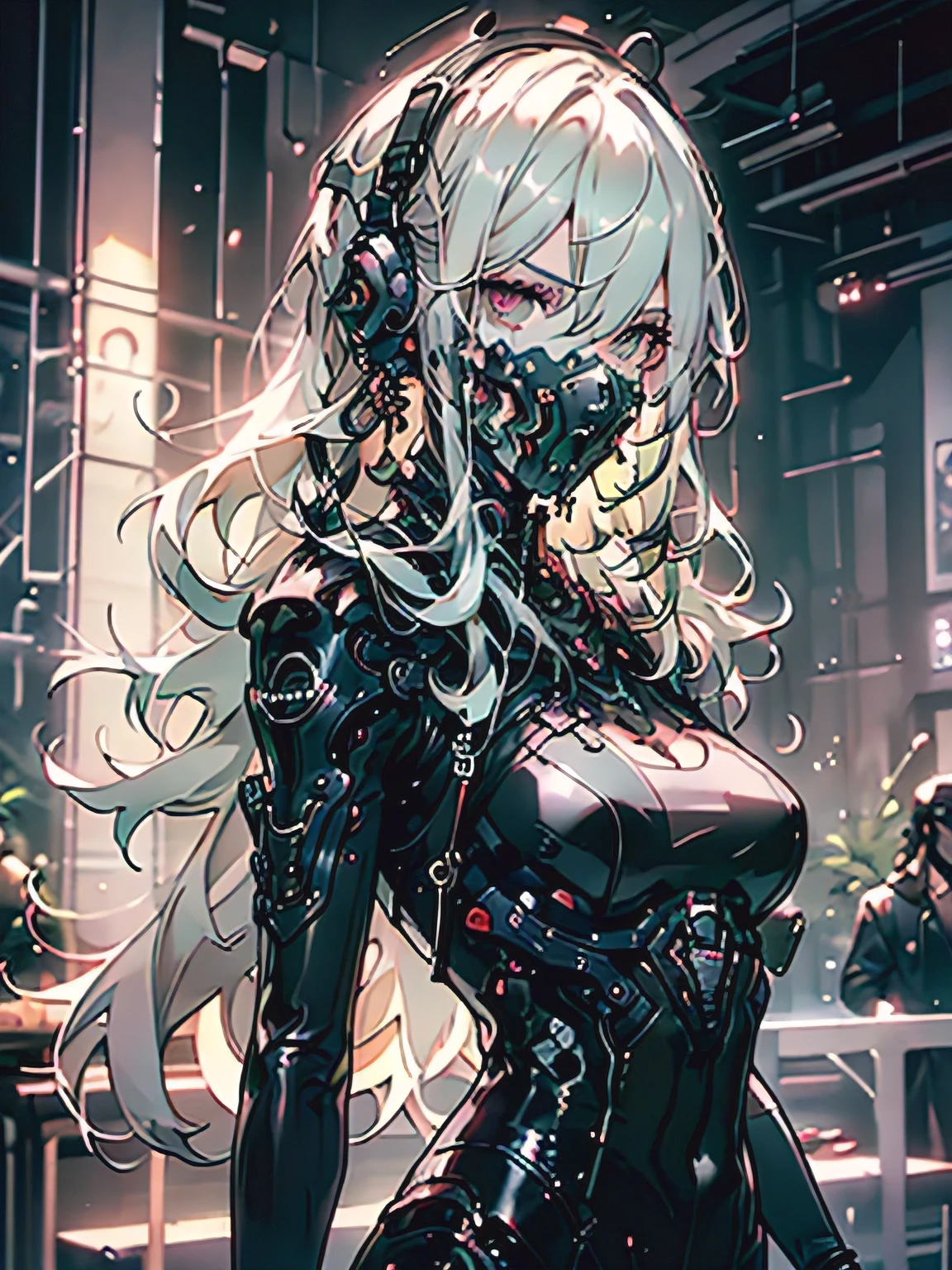 works of art, highest quality, (alone focus), (perfect face:1.1), (high detail:1.1), (super detailed eyes), dramatic, A woman with white skin and long, voluminous white hair, full white eyes, alone, long hair, Sephiroth, two, night, Luxury white suit, showing the belly button, thick lips, coat, arrogant expression, Jardim de Rose vermelhas, detailed background, art:Artgerm, cinematic lighting, Rose, fashion, balenciaga style, (((Cyberpunk technology futuristic mascara use))), whole body,Cable at neck,