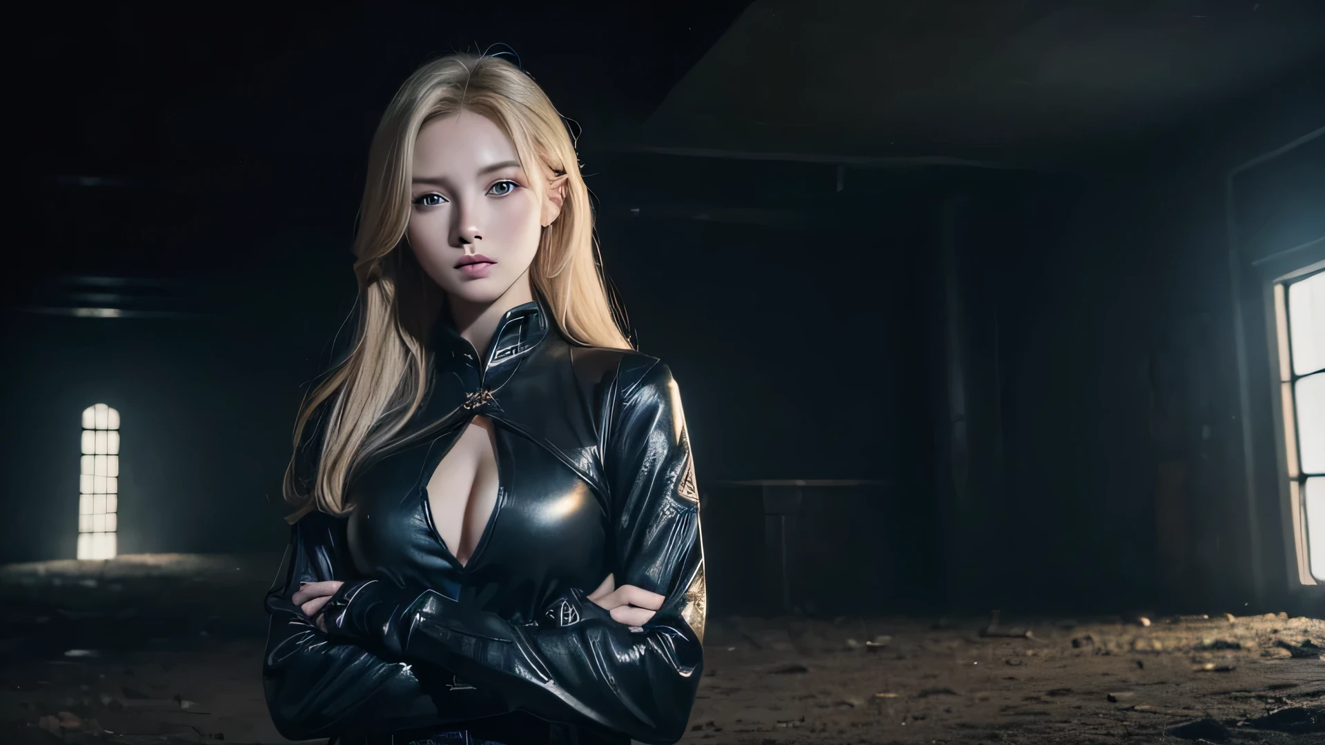 (masterpiece: 1.3), (8K, realistic, Raw photo, highest quality: 1.4), highest quality, masterpiece, ultra high resolution, (realistic:1.4), Raw photo, 1 girl, Attractive Russian model Nata Lee, bright blonde hair, blue eyes, small eyes and face, black suit, dynamic lighting, in the dark, deep shadow, discreet key, full body cowboy shot.