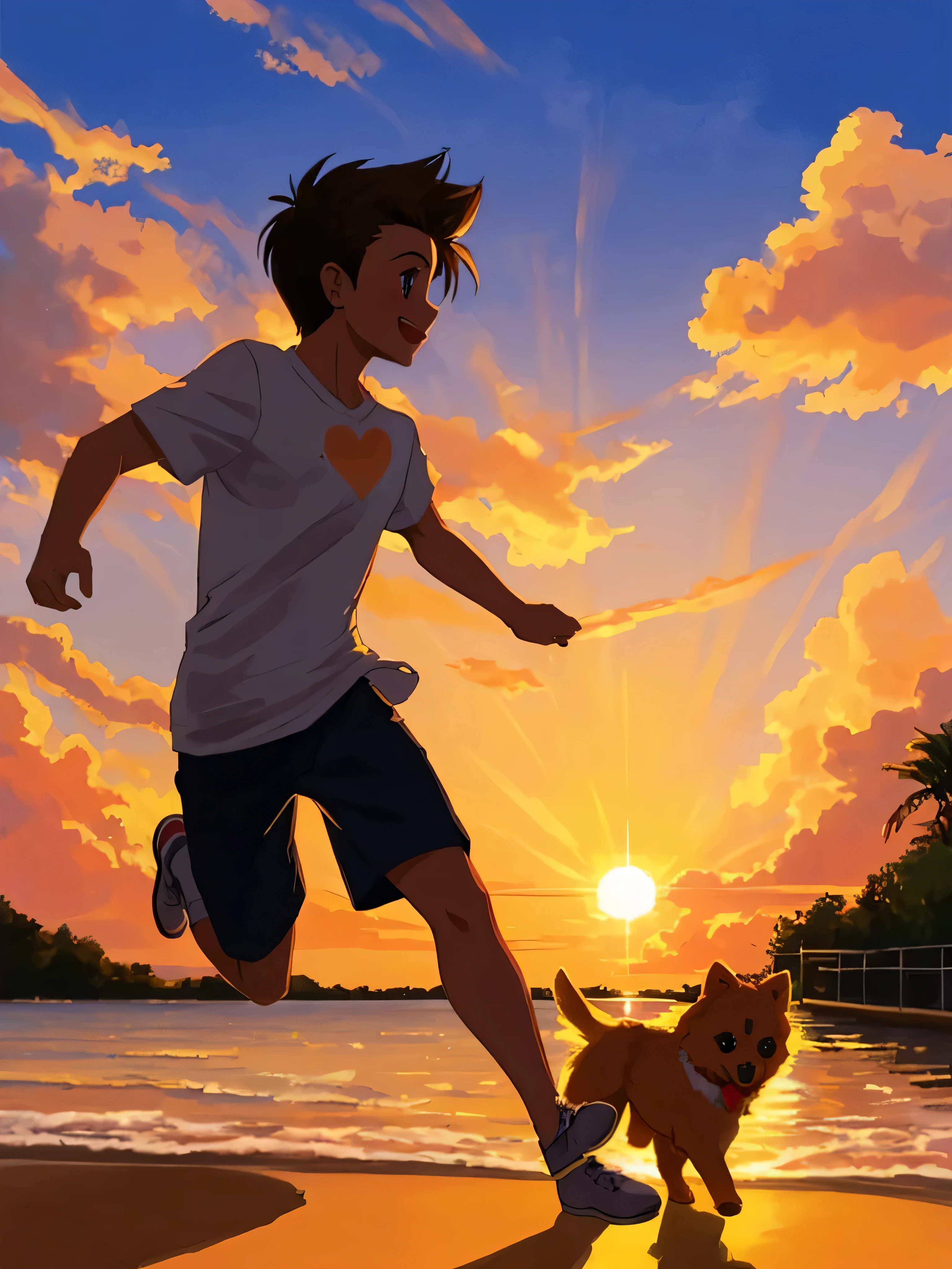 A boy with his Pomeranian dog running playing fetch in the sunset