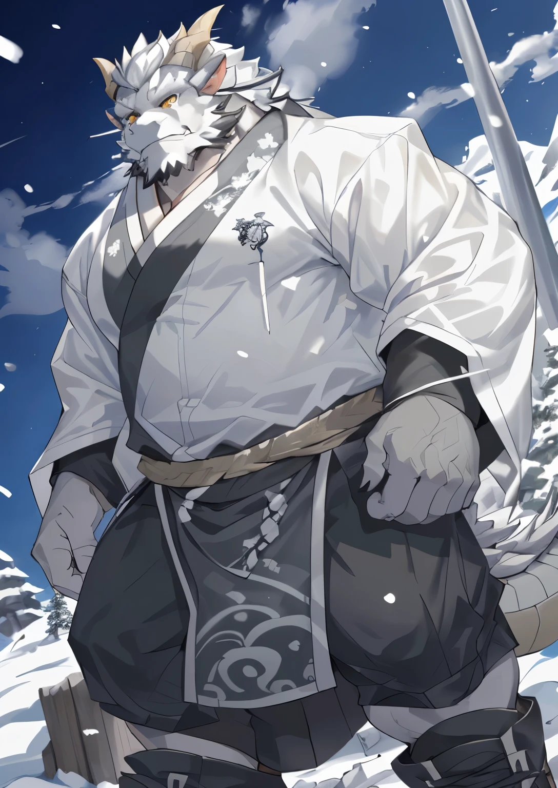 (black skin oriental dragon),(Black and white yin yang general naked kimono),Holding a long sword,strong posture,stand calmly,(The background is a city covered in ice and snow:1.2),abdominal ,heroic posture飒爽,perfect masterpiece,Various facial details,distance perspective,specific description,masterpiece,CG,(golden eyes),black and white pattern,dark purple tail,General,heroic posture,dragon,black and white fur,Specific facial details,Half body,(Black and white yin and yang general combat shoes),(Chang Ling),((middle aged)),(Face focus),(16K),HD,black and white belly,temple,beard,(Face line),different students,(Black and white yin and yang naked kimono),(black and white hair),Strong,muscle,(High resolution:1.3),(Standing in front of a city covered in ice and snow),(close up),(Detailed face:1.5),Perfect details,(Half body),(Detailed depiction of face:1.5),(Zoom in on face:1.5),(白色Face line:1.2),(black beard:1.3),(white face;1.6),white body