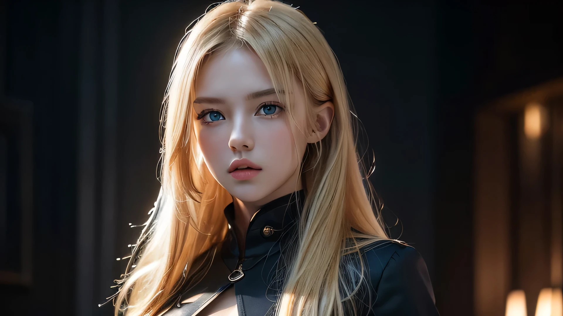 (masterpiece: 1.3), (8K, realistic, Raw photo, highest quality: 1.4), highest quality, masterpiece, ultra high resolution, (realistic:1.4), Raw photo, 1 girl, Attractive Russian model Nata Lee, bright blonde hair, blue eyes, small eyes and face, black suit, dynamic lighting, in the dark, deep shadow, discreet key, full body cowboy shot.