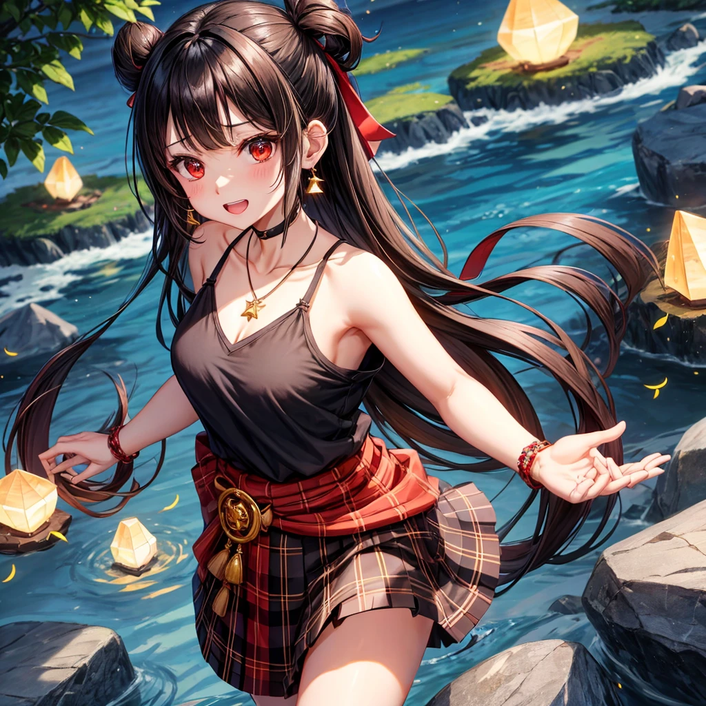 brown black hair、red eyes、one good looking girl、solo、anime、plaid mini skirt、black camisole、black t-shirt、kimono、wearing a ribbon、ribbon at waist、stone slabs are piled up、crystal earrings、jewelry necklace、Light and shadow、tilting one&#39;s face、teeth are visible、、Fireflies are flying、geta、crystals are lined up