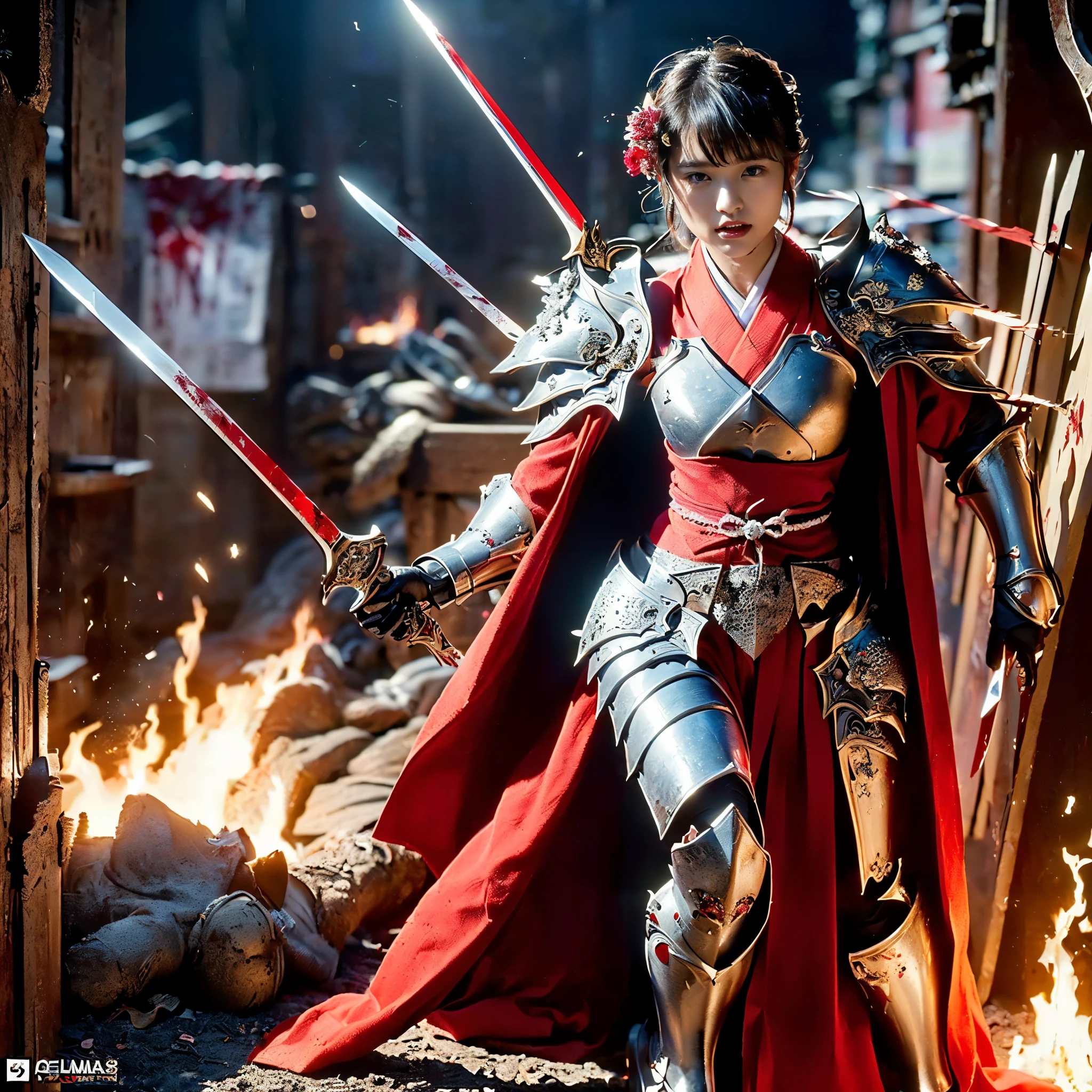 (((Realistic, masterpiece, best quality, crisp detail, high definition, high detail, rich detail, sharp focus, colorful, perfect studio lightning))), ((20 years old goddess, kasumi arimura)),(((in the middle of war, epic war scene, severely wounded, slashed, stabbed by swords, pierced by arrows, attack stance))), wearing (((beautiful ornamented golden heavy armor, decorated full body armor, fully armored beautiful kimono, holding beheqded head, blood scattered face, blood tears, blood bath, blood shed))), (((fire everywhere, blood everywhere, death everywhere, japan bakumatsu period, dead bodies,carcass,burned japanese castle,hellish,chaos)) traditional village background)