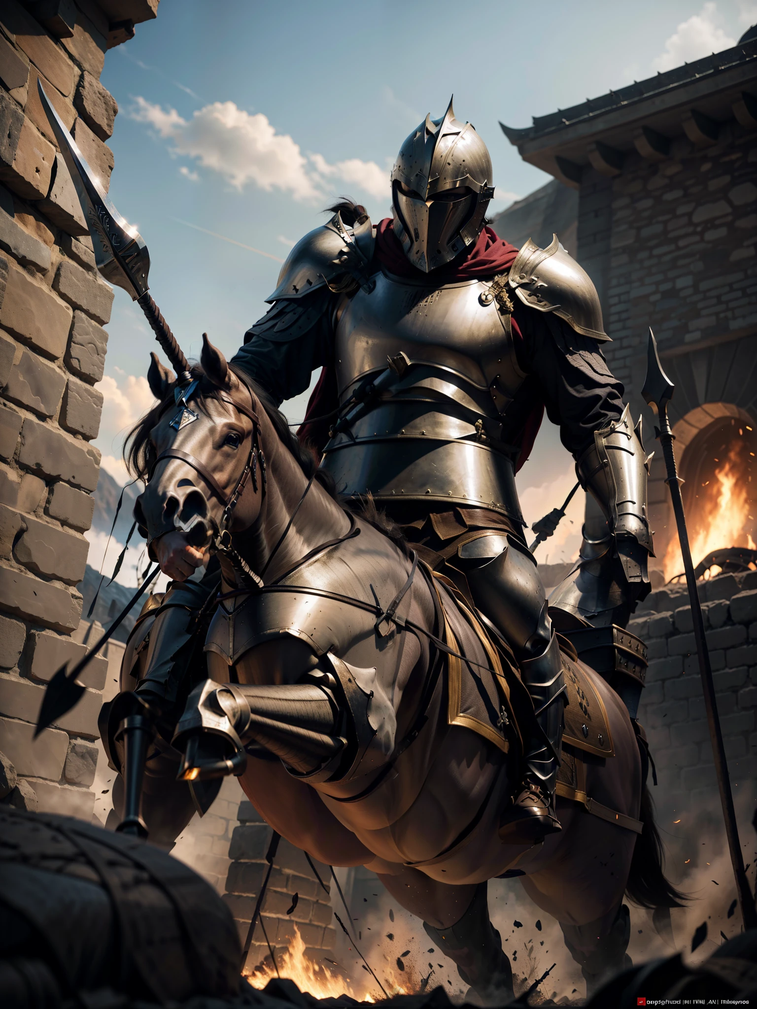 The royal knight on his horse is charging at the enemy，Wearing armor，Hold the spear high with one hand，Show murderousness，3D photorealistic rendering