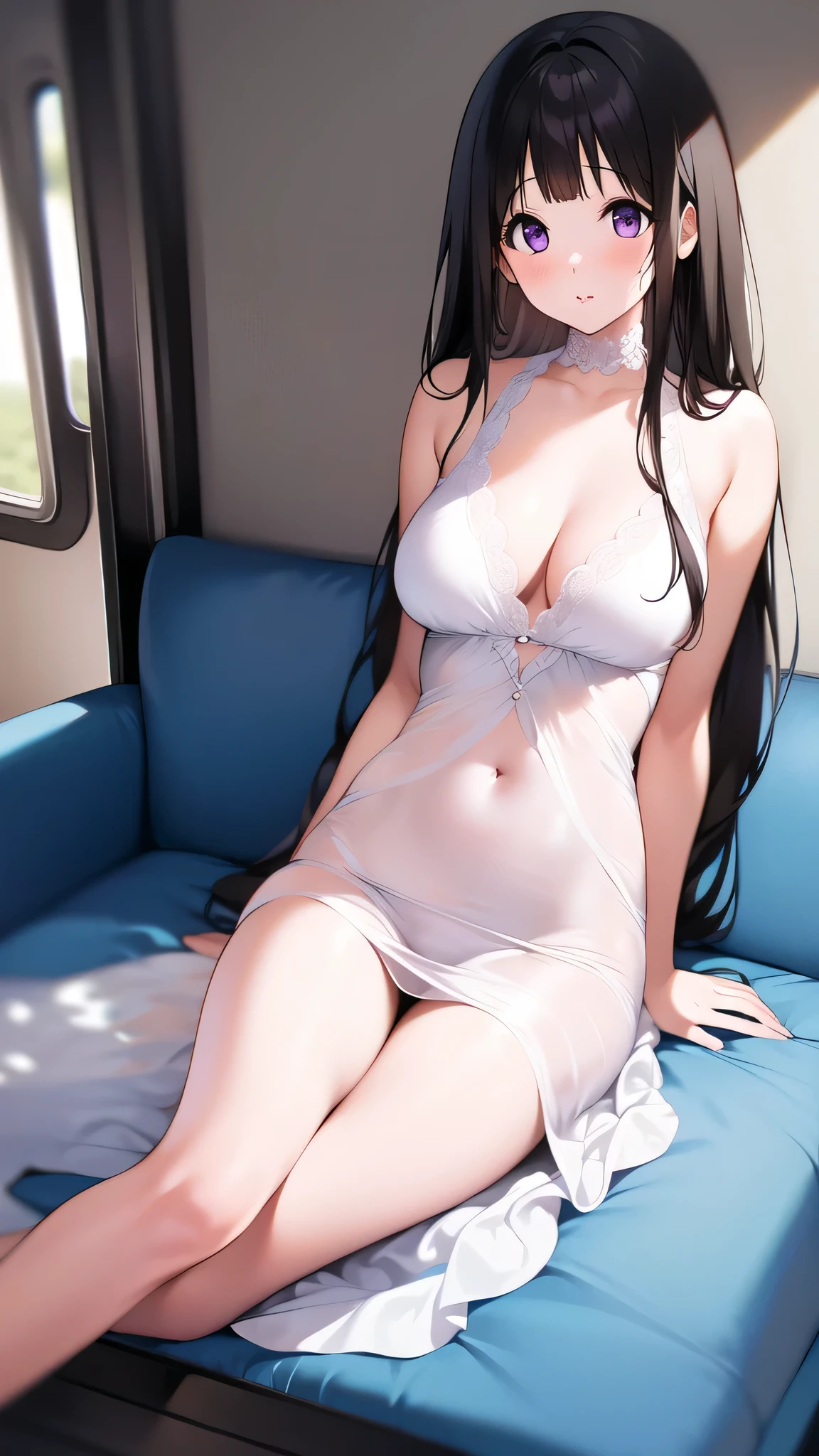The stunning Chitanda Eru, There is only one beautiful girl,purple eyes, black hair, Naturally straight hair, straight bangs, extremely refined,adult face,lips open,flowing long hair,Peerless beautiful girl, dreamlike,Slim,soft, (Sensual), (kawaii), dream quality,On the tram,White transparent nightdress,camel toe,no underwear,side breasts,showing areola,Bare thighs,bare shoulders,Clavicle exposed,bare neck,groin,barefoot,bare breasts,ultra high resolution, (masterpiece:1.2, best quality), (Exquisite and beautiful eyes: 1.2), (Beautiful and delicate face)