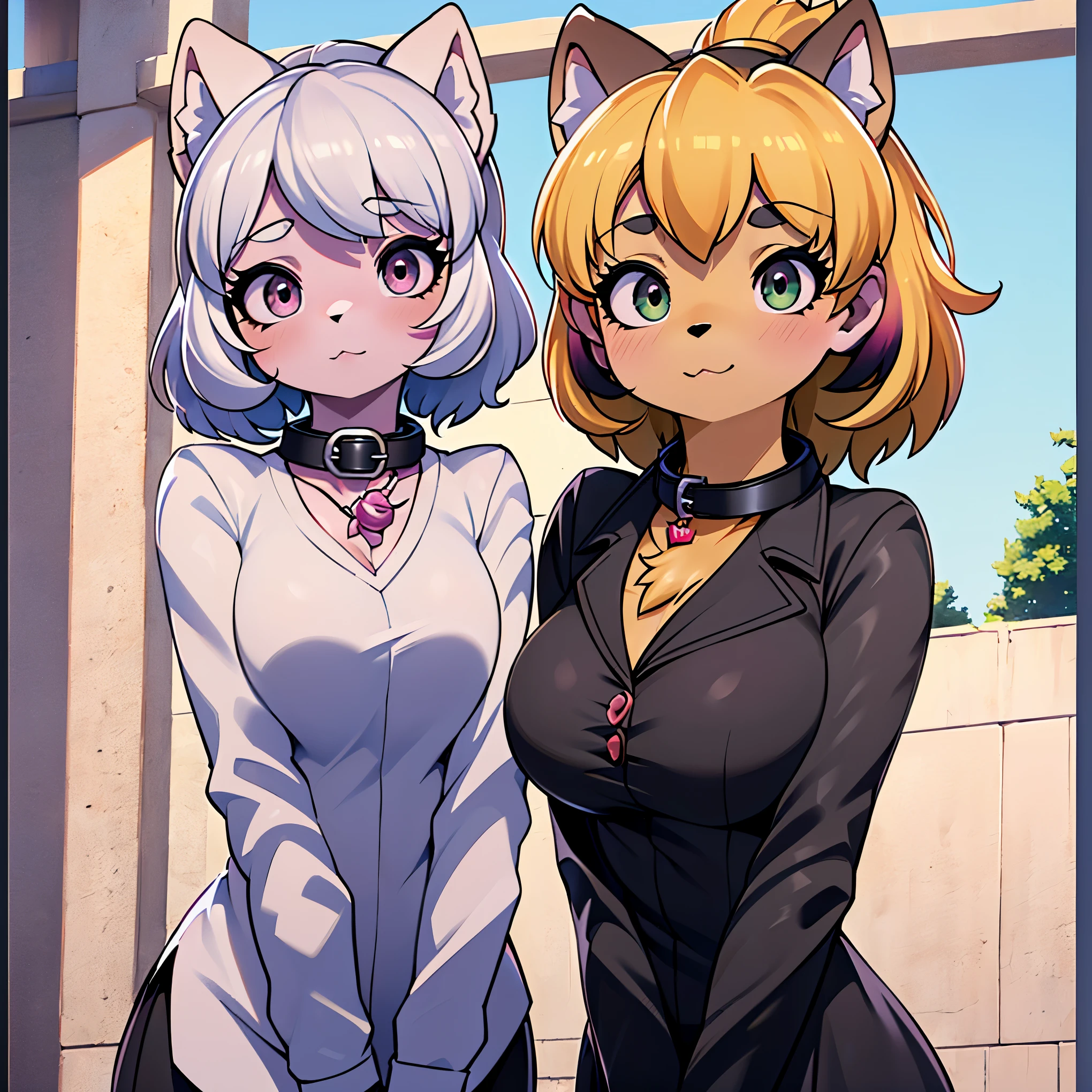 ((chica , pelo blanco, ojos rosas , pelaje , pelaje claro , maximo detalle )) ( ropa : camisa holgada , collar de perro ) ( fondo : multicolor obra maestra ,yoneyama mai style) ( ojos rosas hiperrealismo) ( pelo blanco , pelo blanco )( cabello color blanco,sombra verde )