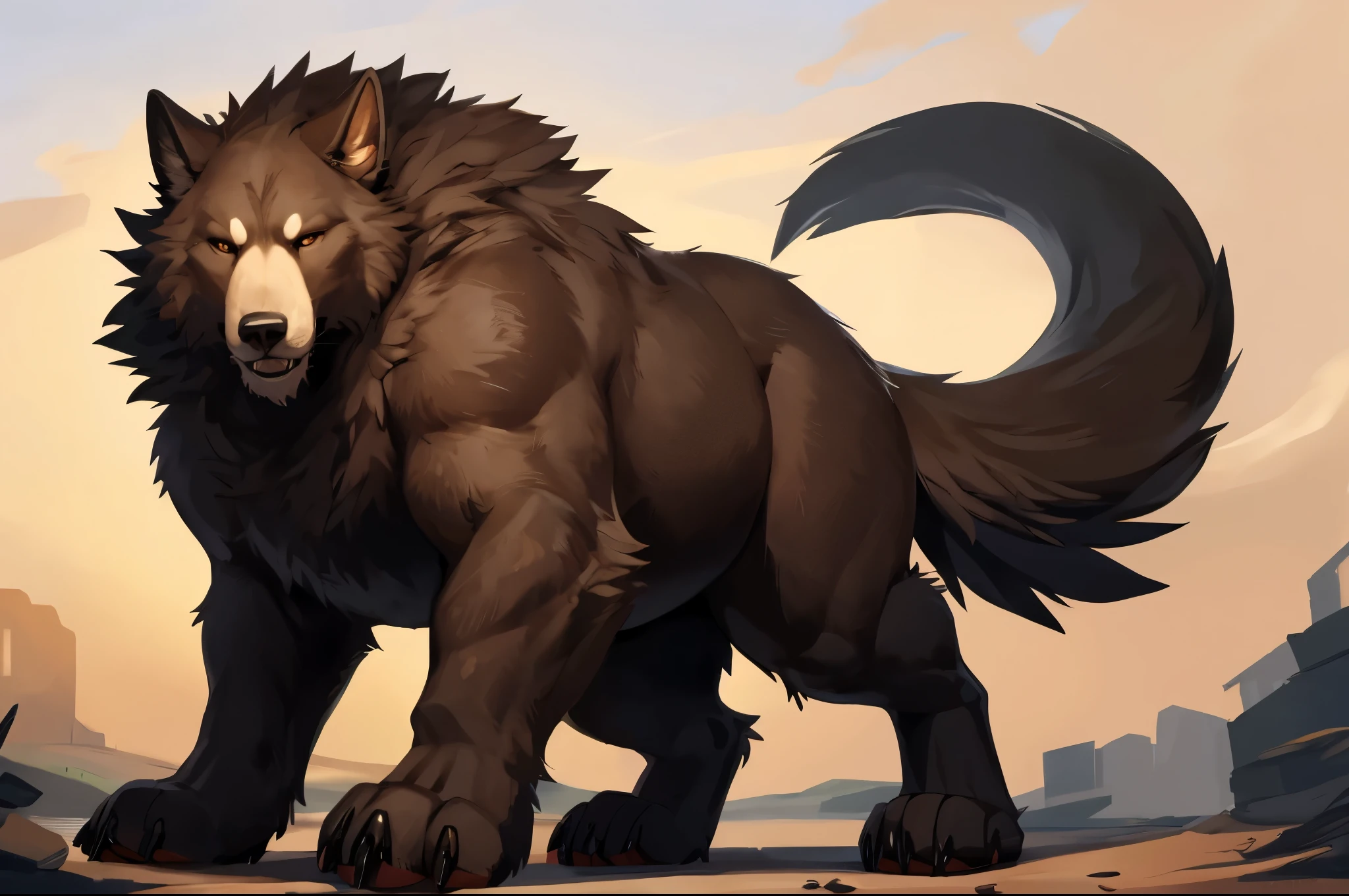 4k ultra quality, 4k full body view,(ultra high detailed body),strong dog, detailed body,by mystikfox61, by glitter trap boy,feral paws, by bebebebebe,by morethreedee, by seibear,(thick thigh),(chubby thigh),thicc thigh,thick legs,chubby legs,thicc legs,massive butt,enomorous thigh,massive thigh,massive legs,thick lower legs,wide legs,(detailed thigh),(wide thigh),fluffy belly,hyper belly,sharp nails,((sfw)),(ultra detailed face),detailed eyes,big tail,fluffy tail,(detailed tail),enomorous tail,bigger tail,huge tail,volumetric light,muscle legs,big paws,(thick paws),fluffy paws,furry paws,enomorous paws,(animal focus), beast,standing,(bigger lower body),strong lower body,(long legs),front view,master works, super fine, 4k resolution, high quality,high picture detail,dark fantasy,illusory engine, Masterpiece,dire wolf,feral body,muscular feral,too tired,faint lighting,macro,giga,hyper belly