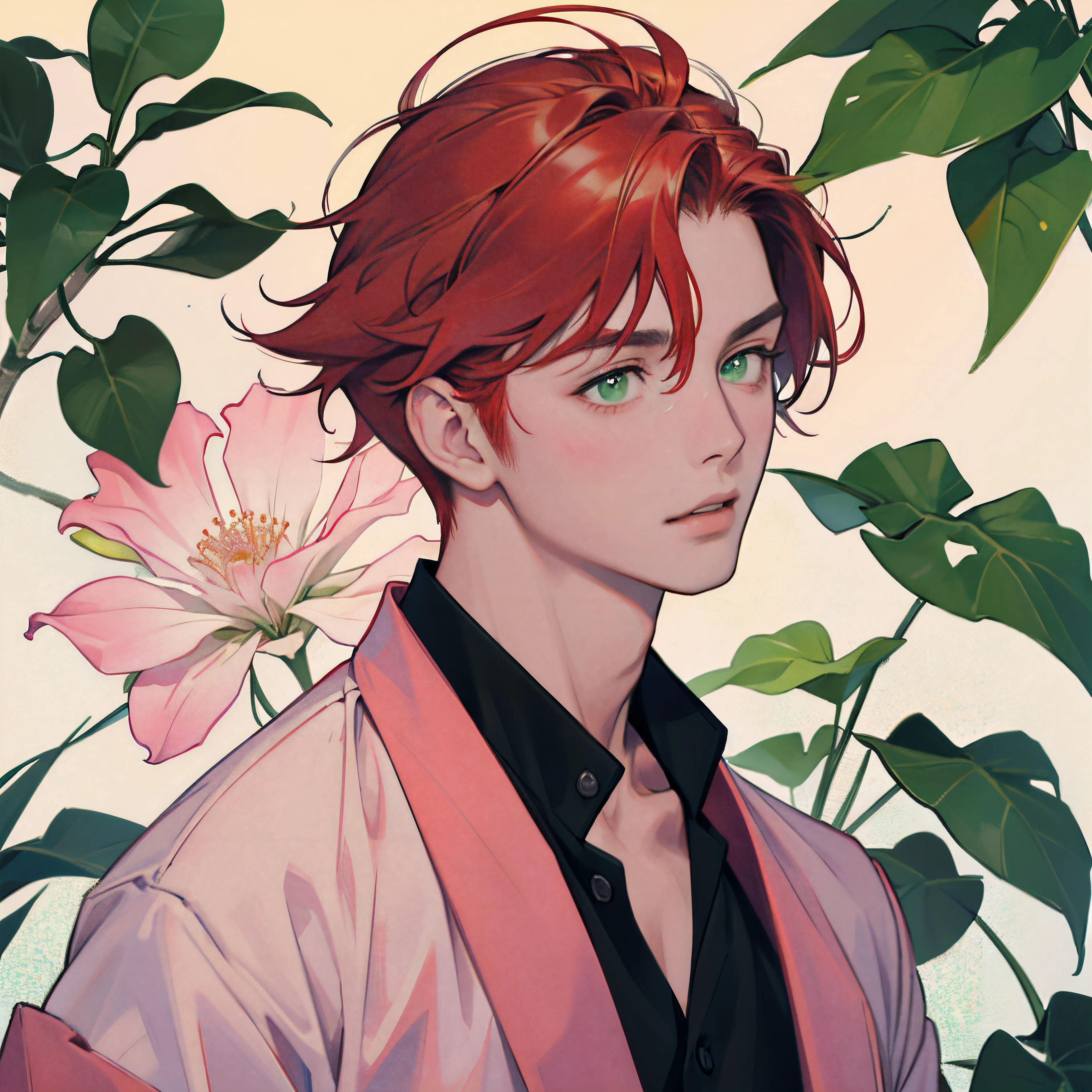 A young Chinese man with messy red hair and green eyes wearing a pink and white jacket, 1940 old