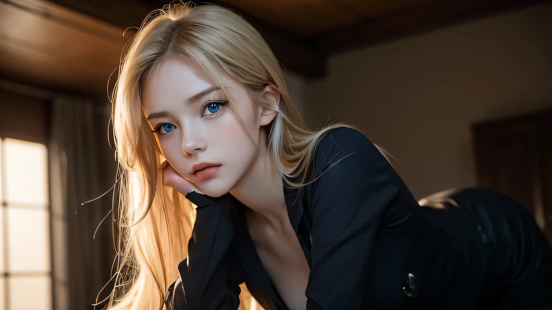 (masterpiece: 1.3), (8K, realistic, Raw photo, highest quality: 1.4), highest quality, masterpiece, ultra high resolution, (realistic:1.4), Raw photo, 1 girl, Attractive Russian model Nata Lee, bright blonde hair, blue eyes, small eyes and face, black suit, dynamic lighting, in the dark, deep shadow, discreet key, full body cowboy shot.,perfect body,(Lie:1.3)