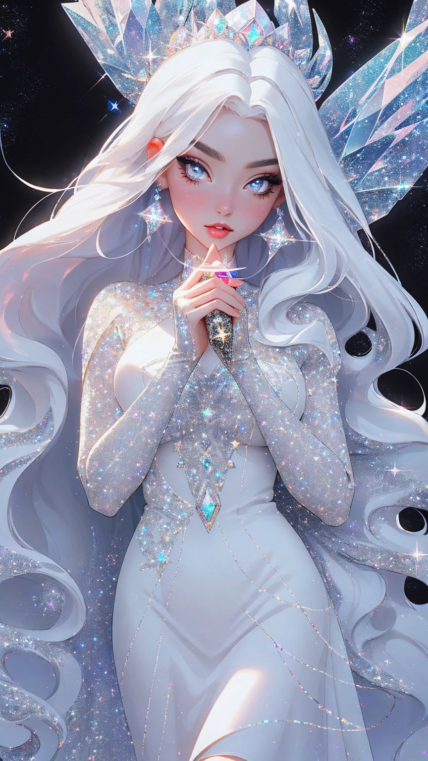 {-erro_de_anatomia:1.0} masterpiece, highest quality, (perfect face:1.1, (high detail)1.1, sweet stardust vampire , long soft white hair, opal eyes, perfectly drawn face, black dress, stars detailed background, prismatic lighting, glitter, whole bod., Very sexy, walking, holding a crystal star in her hands, 