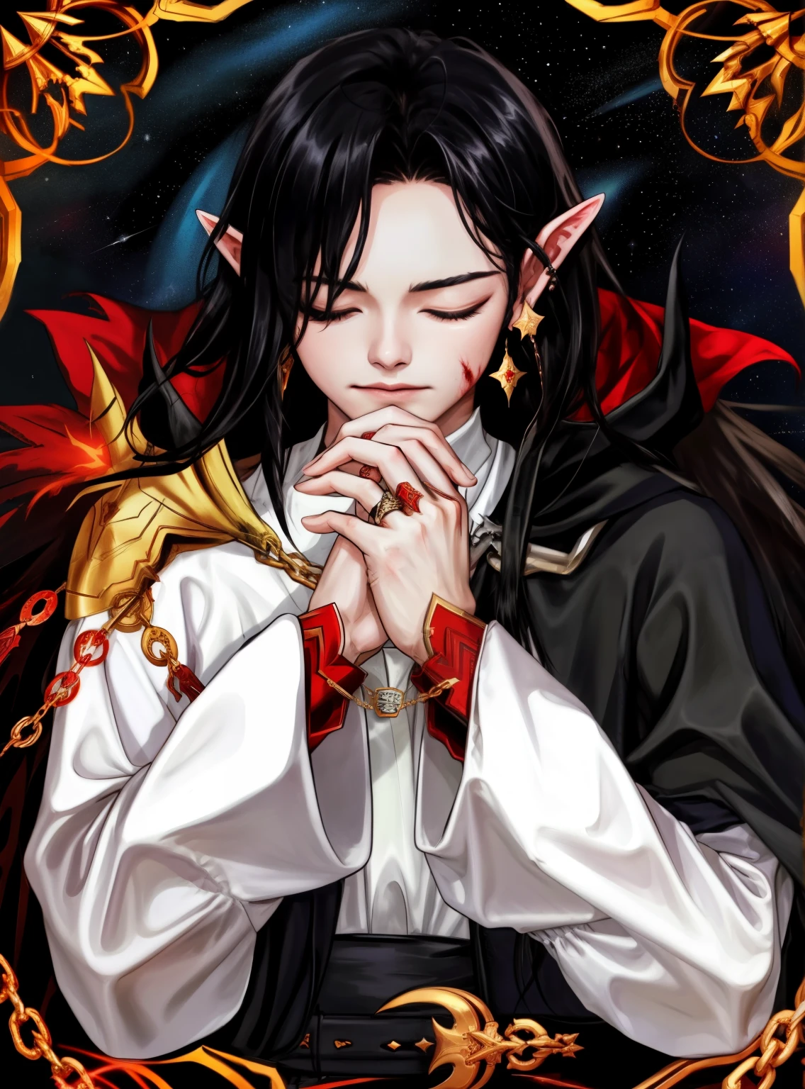 bloodmage, pointy ears, black hair, jewelry, red eyes, 1boy, male focus, chain, looking at viewer, earrings, ring, long hair, long sleeves, closed eyes:2, shirt, white shirt, hair over one eye, upper body, praying, own hands together, own hands clasped, starry sky, night, northern lights, looking at viewer, perfect hands, perfect fingers