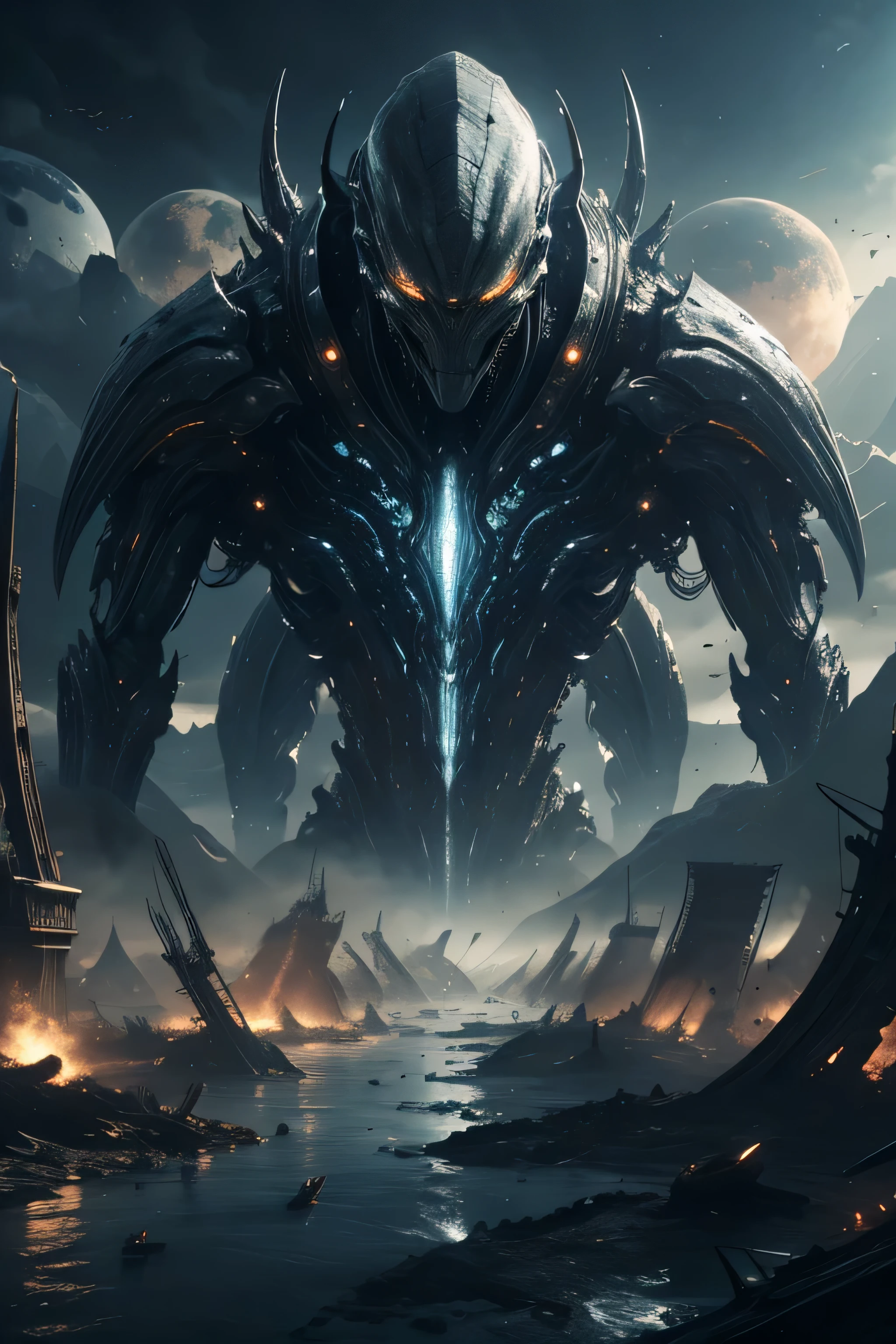 masterpiece, Best quality, intricate detail, complex landscape, exciting, dramatic action, 8K, HDR, "Creepy and intense alien invasion scene with sunny light and a clear blue sky atmosphere, spectacular and bright lighting, and intense action. Shows alien ships, advanced technology, destroyed cityscape, panicked civilians, and a sense of imminent danger. Generates a disturbing and immersive image that captures the chaos, cruelty, devastation and terror of a huge invasion of silver alien ships from another world, Groups of anxious people in panic trying to escape extinction., Ultra-complex and highly dramatic scenery with intricate details, ultra-fine rendering textures.