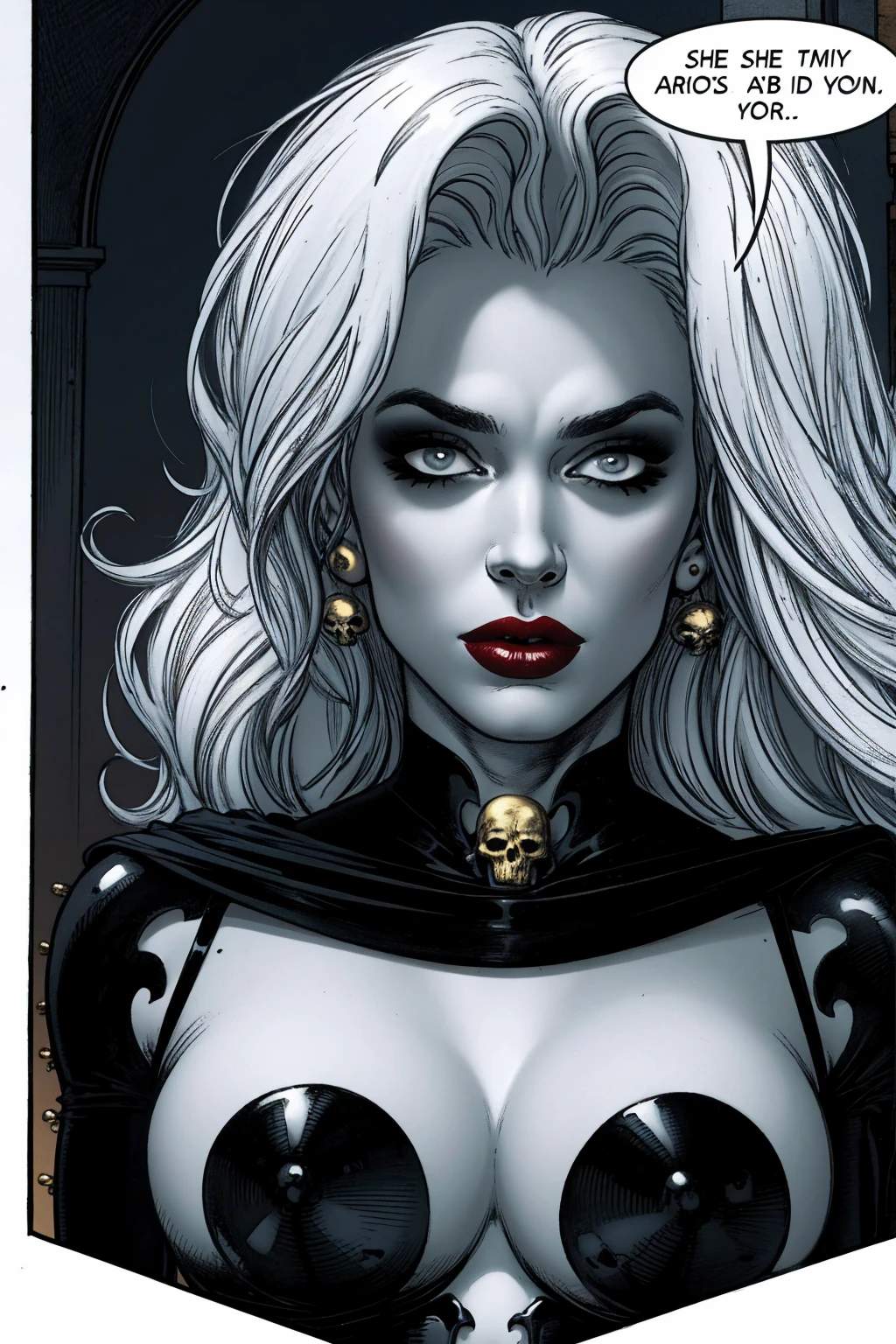 Uma mulher solo girl, Queen of Death, pale skinned, cabelos brancos, olhos vermelhos, red-lips, goth makeup, expression would be sensual, corpo sensual sexy, cintura fina, coxas grossas, usando um vestido antigo preto, ela usando um colar de caveira de prata, in the background a cemetery and she is holding a soul with her hand, detailed graphic bright and vibrant colors