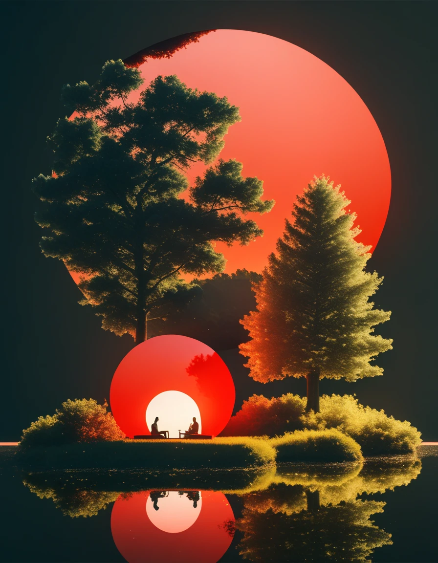 minimalist composition red sun，black man sitting on it，Mirror reflection of trees and water，Surrealism，clean background，Cinema4D rendering style，high resolution photography，dream scene，minimalist sculpture art installation
