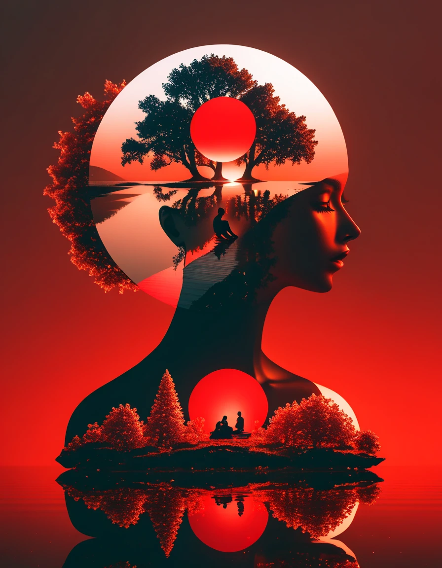 minimalist composition red sun，black man sitting on it，Mirror reflection of trees and water，Surrealism，clean background，Cinema4D rendering style，high resolution photography，dream scene，minimalist sculpture art installation