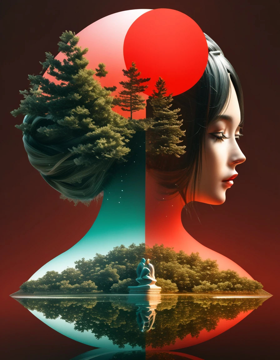 minimalist composition red sun，black man sitting on it，Mirror reflection of trees and water，Surrealism，clean background，Cinema4D rendering style，high resolution photography，dream scene，minimalist sculpture art installation