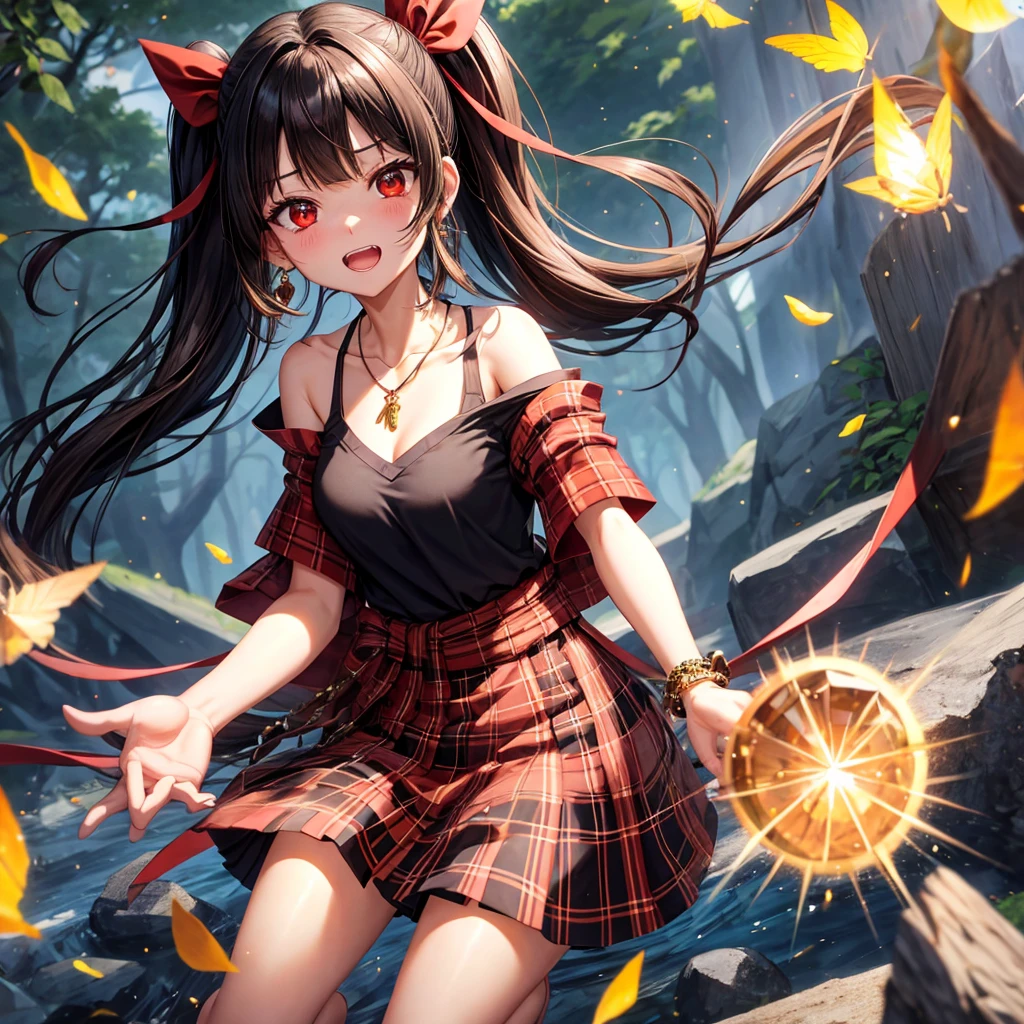 brown black hair、red eyes、one good looking girl、solo、anime、plaid mini skirt、black camisole、black t-shirt、kimono、wearing a ribbon、ribbon at waist、stone slabs are piled up、crystal earrings、jewelry necklace、Light and shadow、tilting one's face、teeth are visible、、Fireflies are flying、geta、crystals are lined up、Lock