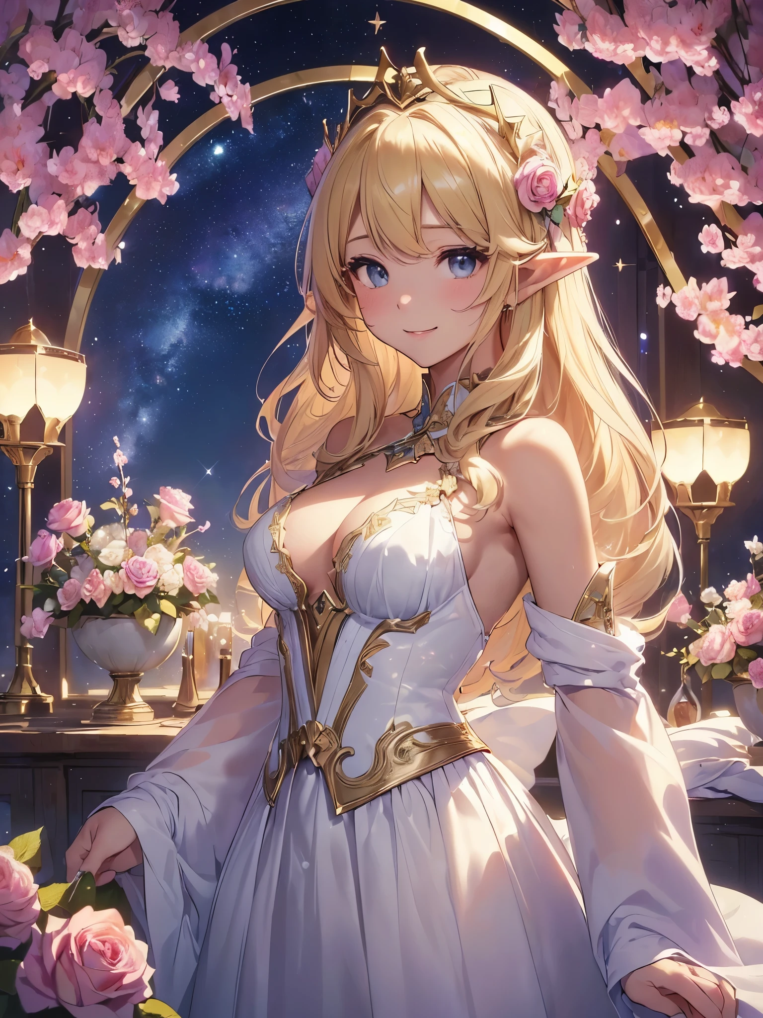 highest quality、Highest image quality、masterpiece、beautiful profile、、Titania、Super beautiful elf beauty((22 years old OL big bust、bust 90,beautiful long ironed hair、blonde、Height: 165cm。slender、sexy、Esbian、beautiful tiara、night、High quality、美しいart、Beautiful bed、canopy、Canopy、background((starry ski)))muste piece、ビジュアルart、Depth of the bounds written、、elf ears、、Lightのmagic、universe、A happy smile、穏やかなLight、Elven Forest、cherry blossoms、、elegant、ticker beautiful decorative、marble columnystical rosa、Rose、flower瓶magicのflower、flowerを作るmagic、Light、 the sky、beautiful dressy、beautiful dress、table、giant galaxy、myth、ART、Lord of the Ring、sexy、friendly smile、Fantastic、cherry blossoms、舞い散るflowerびら、cherry blossomsのflower、universeのmagic、magicのLight、fantasy、flower、super REALITYたくさんのRose、magic、universeを飛ぶ、、Grow fantasy、、mysteryのLight、byzantine、Art nouveau、alphonse Mucha、、art、art,mystery,UHD,magicalgentle light,sexy、