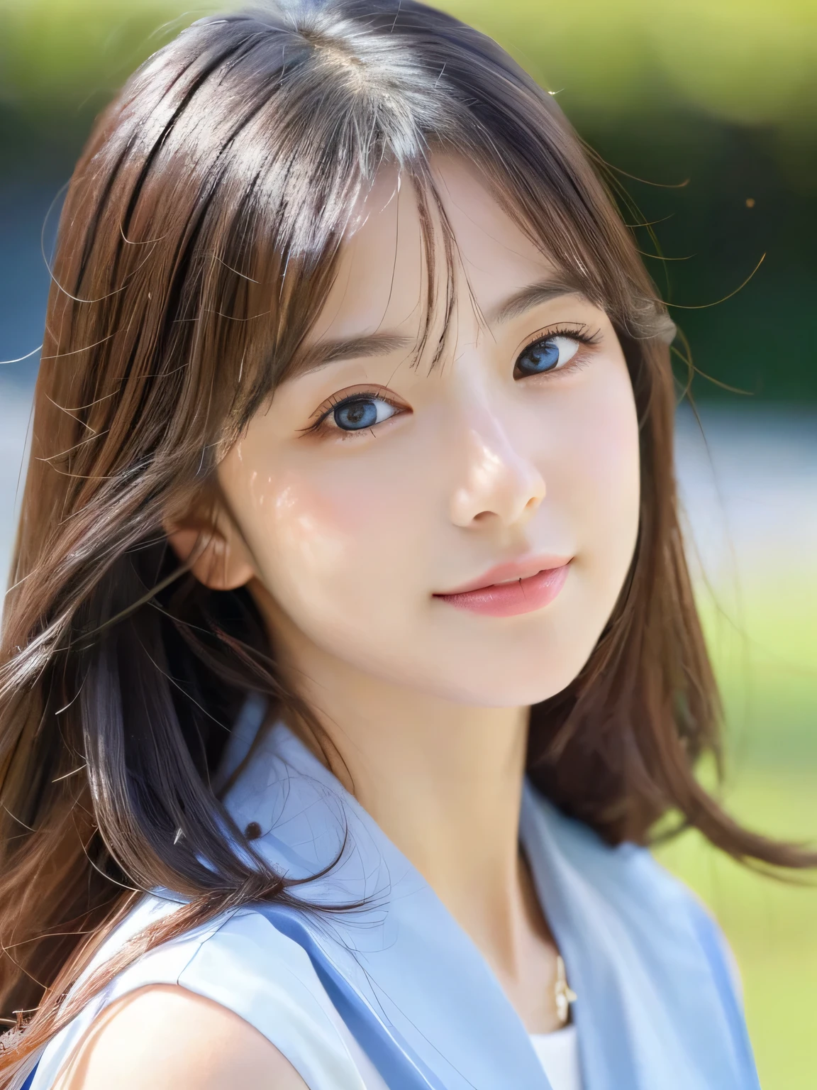 (((32k,high details,high detail、masterpiece,attention to detail,alone))),Raw photo & realistic atmosphere,beautiful dark blue eyes,detailed mouth,glossy lips,thin eyebrows,fine eyes、Soft white skin that shines in every detail、her deep black eyes are so beautiful,lip details、very beautiful face,very well-shaped face、lifelike face,shining beautiful lips,beautiful eyebrows,infinite reality, Realistic young gravure idol,she'she'she'she'she'she'very cute woman , young gravure idol, young gravure idol, Very beautiful and cute 22 years old beautiful girl,incredibly beautiful and classy,22 years old beautiful girl,natural soft light,(shiny hair,,Beautiful and kind eyes:1.5),gentle smile,well-shaped chest,medium long hair,tie hair,beautiful posture,no makeup,think ahead,whole body,Ocean,Soba by Ocean,Do not add watermarks to corners